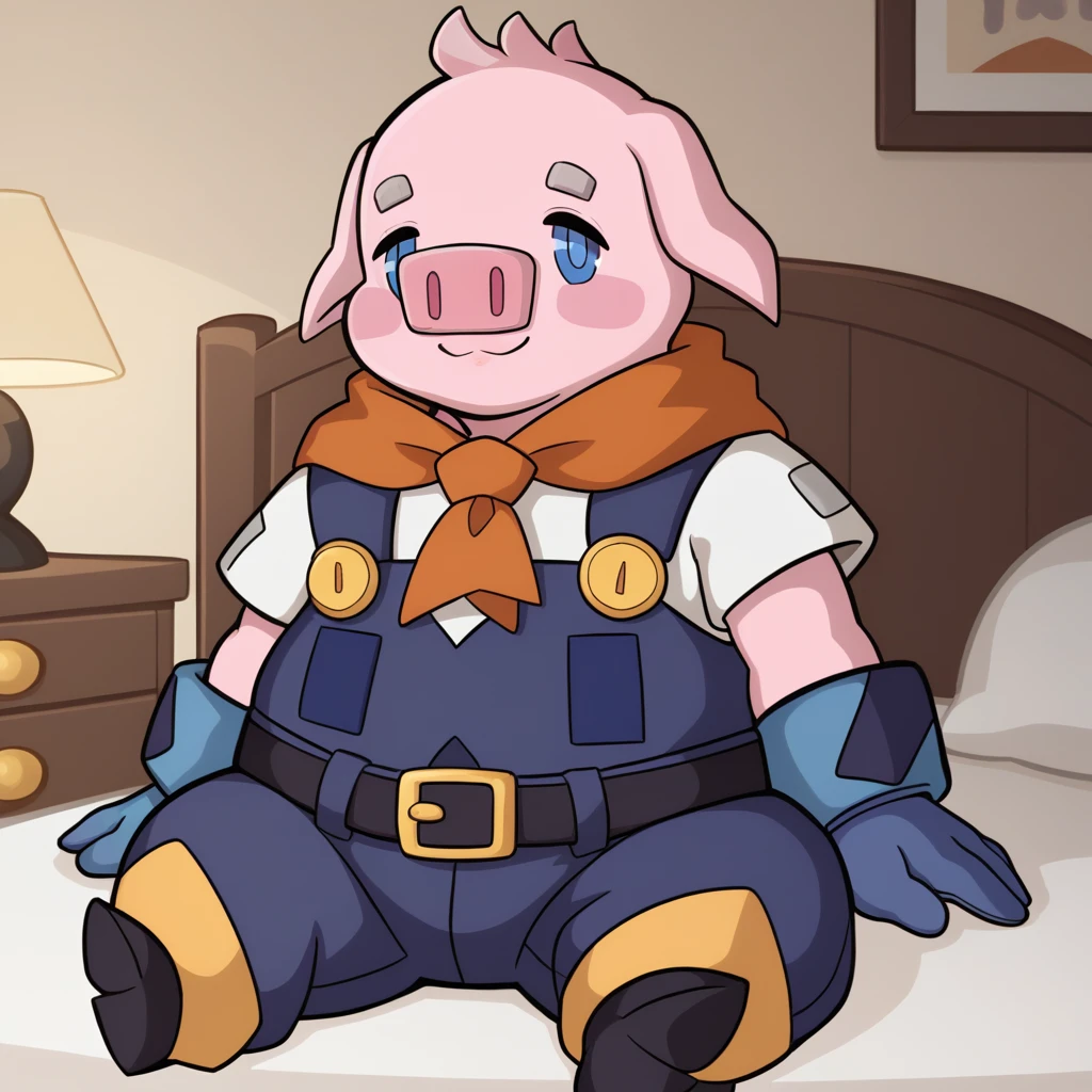 <lora:brick-v2-14:1> br1ck, pig man, fat,smile, closed mouth, 
orange scarf, overalls, white shirt, blue gloves, belt,
bedroom, sitting, three-quarter angle