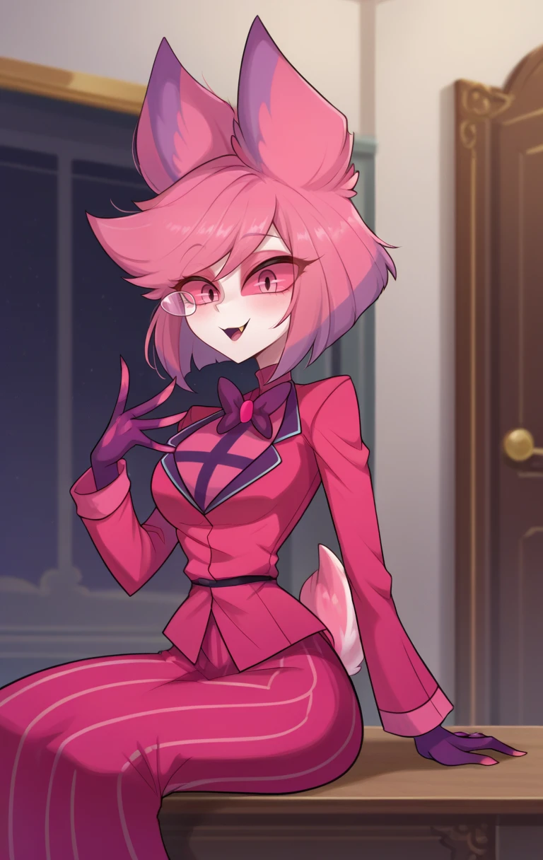 score_9,score_8_up,score_7_up BREAK <lora:Alastoria:0.9>,AlastoriaSDXL,1girl,short hair,skirt,gloves,animal ears,tail,pink sclera,pink hair,striped,black pupils,pink eyes,formal,furry female,cowboy shot,room,room background,sitting,