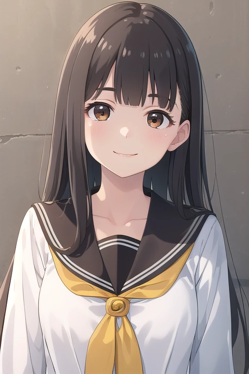 ((masterpiece)),(best quality),official art,extremely delicate and beautiful,extremely detailed CG,unity 8k wallpaper,ultra detailed,beautiful detailed eyes,extremely detailed face,outdoors,1girl,solo,upper body,(portrait:1.5),looking at viewer,facing viewer,smile,Nukumizu Kaju,very long hair,black hair,straight hair,sidelocks,blunt bangs,brown eyes,collarbone,school uniform,brown sailor collar,sailor dress,white dress,buttons,yellow neckerchief,medium breasts,long sleeves,sleeves past wrists,black socks,loafers,<lora:Nukumizu Kaju(mtmlh)>,