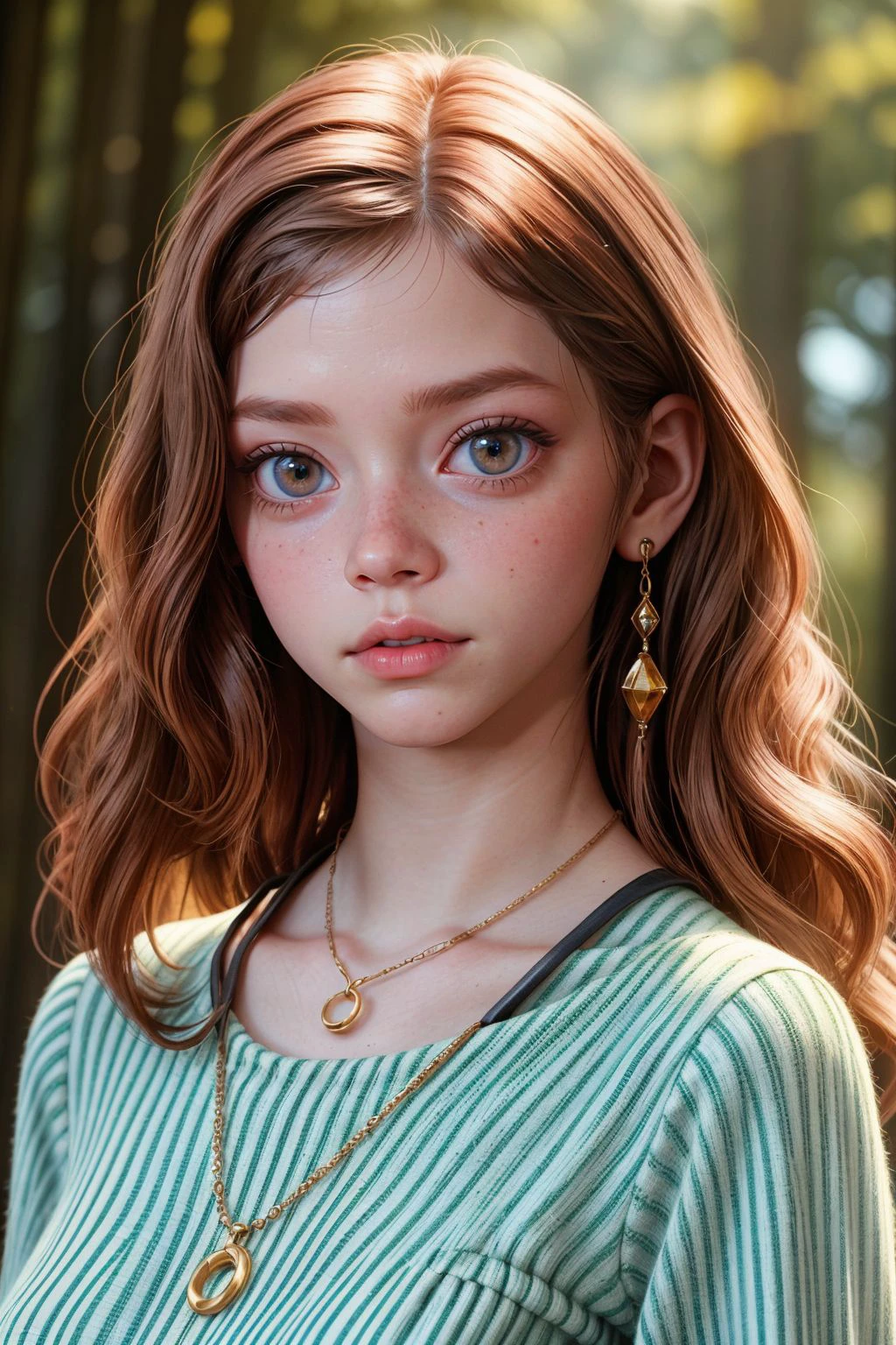 Lily-AnaA, The image is a portrait of a young woman with red hair and freckles. She is standing outdoors, with a blurred background of greenery. The woman is wearing a green and white striped dress with a plunging neckline and thin straps. She has a gold necklace and earrings. Her hair is styled in loose waves and falls over her shoulders. She appears to be looking off to the side with a serious expression on her face. The lighting is soft and natural, highlighting the woman's features.
<lora:add_detail:0.5> <lora:polyhedron_all_eyes:0.2>
