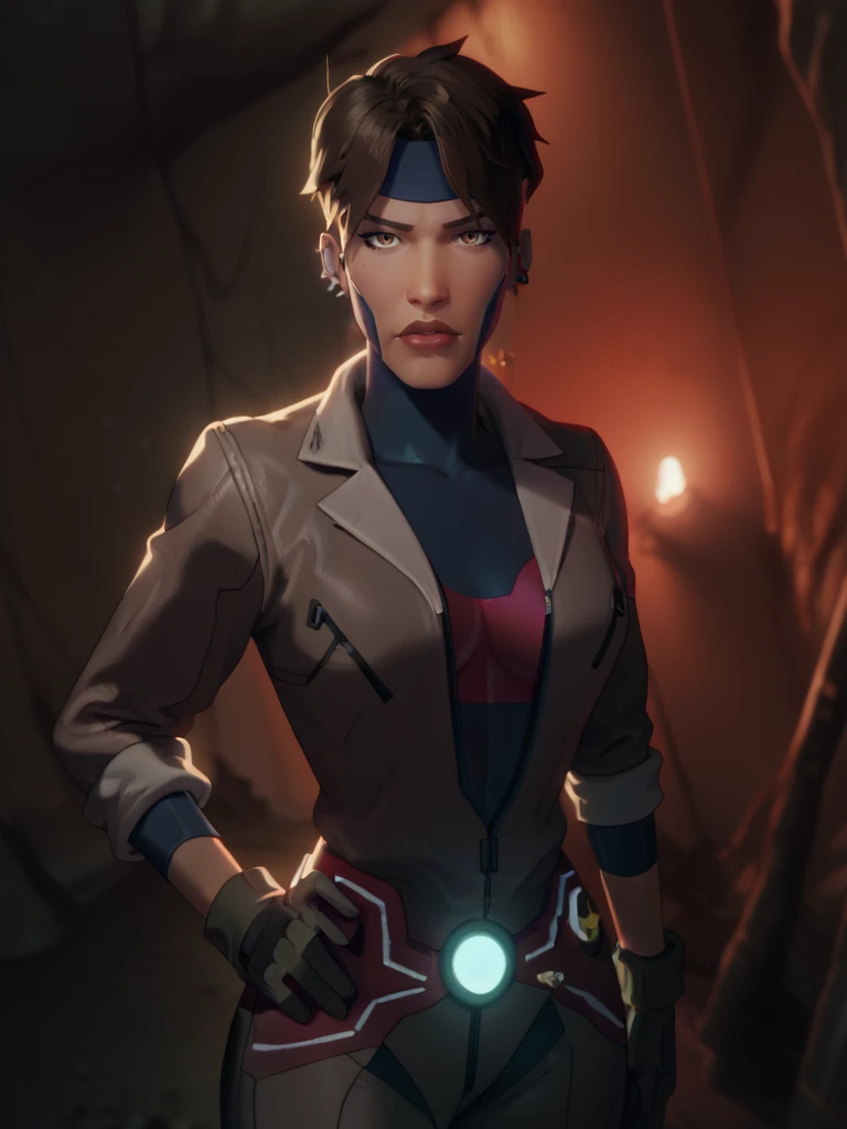 score_9, score_8_up, score_7_up, high quality, masterpiece,  Rocket, 1girl, dark-skinned female, short hair, brown eyes, headband, piercing, earring, bodysuit, jacket, belt, standing, mask, gloves, indoors, underground cave, looking at viewer, hands on own hips
<lora:Rocket-110reps:1> <lora:GBLycoXLV2:1>