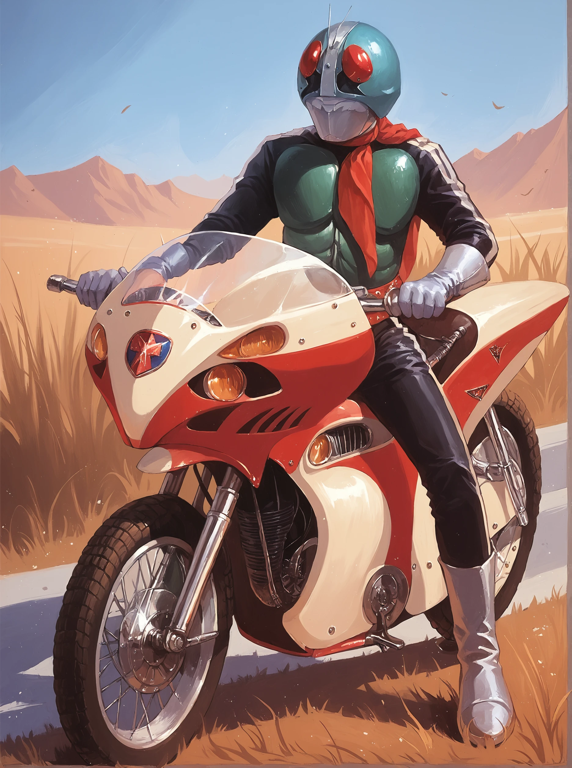 score_9, score_8_up, score_7_up, masterpiece, source_realistic,  kamen rider, ground vehicle, motor vehicle, motorcycle, 1boy, male focus, helmet, solo, silver gloves, silver boots, outdoor,  quarry<lora:sn0wStyle:1> <lora:HKHorrorXL:1>,<lora:Kamen_rider_ichigo__nigo_Double_rider_1972:1>