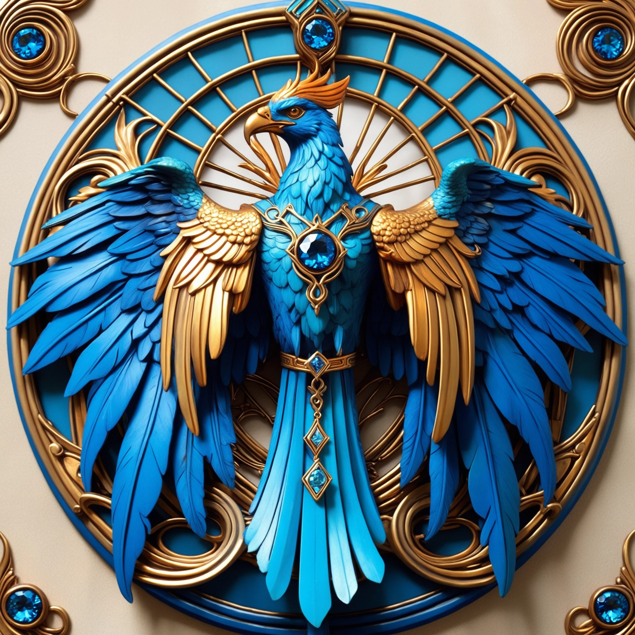 FRESHIDEAS,dnd holy symbol. representing a vain god in anart nouveau style. showing a pheonix with blue diamond