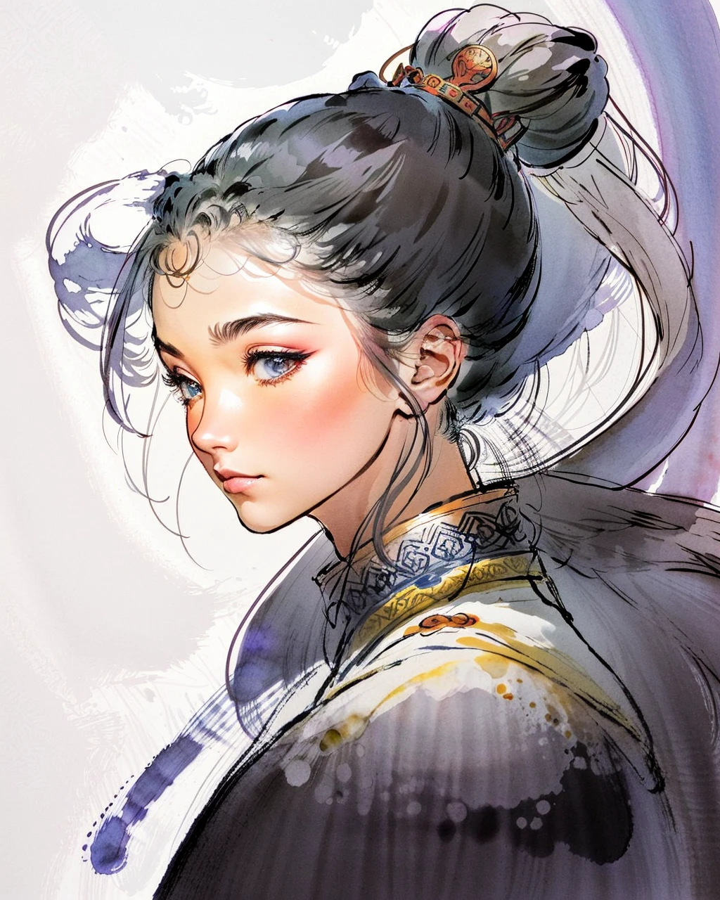 best quality,masterpiece,highly detailed,ultra-detailed, 
1girl, portrait, close-up, black hair, high ponytail, from side,looking at viewer, 
chen-uen, chinese clothes, , solo sword, é­å,chinese ink painting,
  <lora:Chen-Uen:1.5>, (color Ink wash painting:1.1),(ink splashing:1.1),(color splashing:1.1),(colorful:1.16),, (watercolor:1.16), soft lighting,