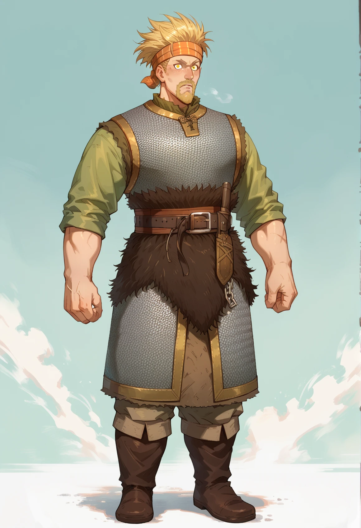 1boy, solo, full body <lora:Thorkell-v2:1> Thorkell, beard, (yellow eyes:1.15), chainmail armor, belt, headband, short green sleeves,, score_9, score_8_up, score_7_up, score_6_up