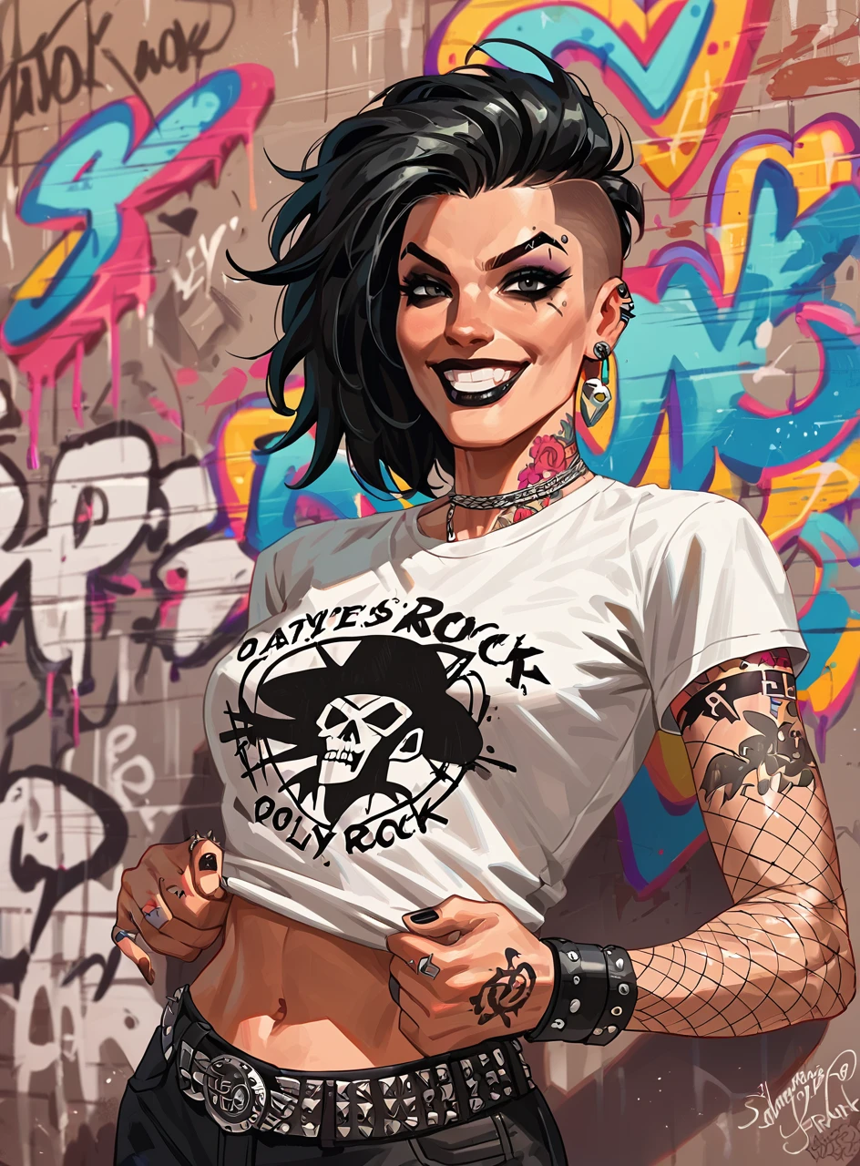 score_9, score_8_up, score_7_up, <lora:classcompxl:0.6>, classcompxl, 1 girl, tattoo, punk rock, fishnets, dark makeup, smile, clenched teeth, graffiti, band t-shirt