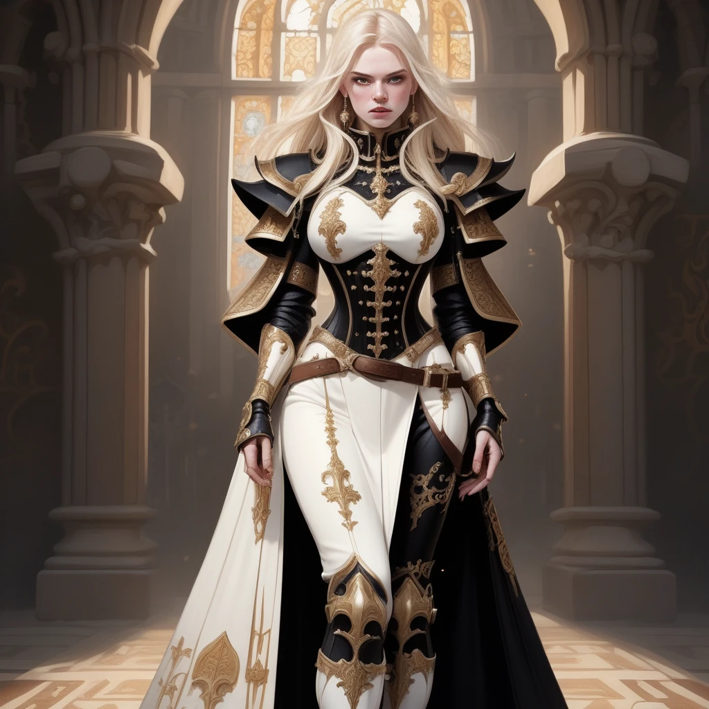 Image is a high-fantasy style portrait featuring a woman in elaborate armor. She has fair skin, long blonde hair, and striking facial features with a serious expression. Her armor is predominantly black with gold ornate designs, including shoulder plates and a corset-like bodice. She wears a long, flowing white skirt with gold accents, and thigh-high black boots with matching gold designs. The background is an intricately designed interior with stained glass windows, adding to the regal and medieval atmosphere. The overall composition is vertical, focusing on the subject's full body and detailed attire.