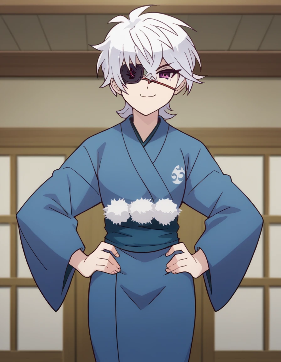 score_9, score_8_up, score_7_up, source_anime, <lora:oboro-shintou-s1-ponyxl-lora-nochekaiser:1>, oboro shintou, purple eyes, white hair, eyepatch,, japanese clothes, kimono, blue kimono, haori,, indoors, smug, smile, looking at viewer, solo, hands on hips,, cowboy shot, dutch angle