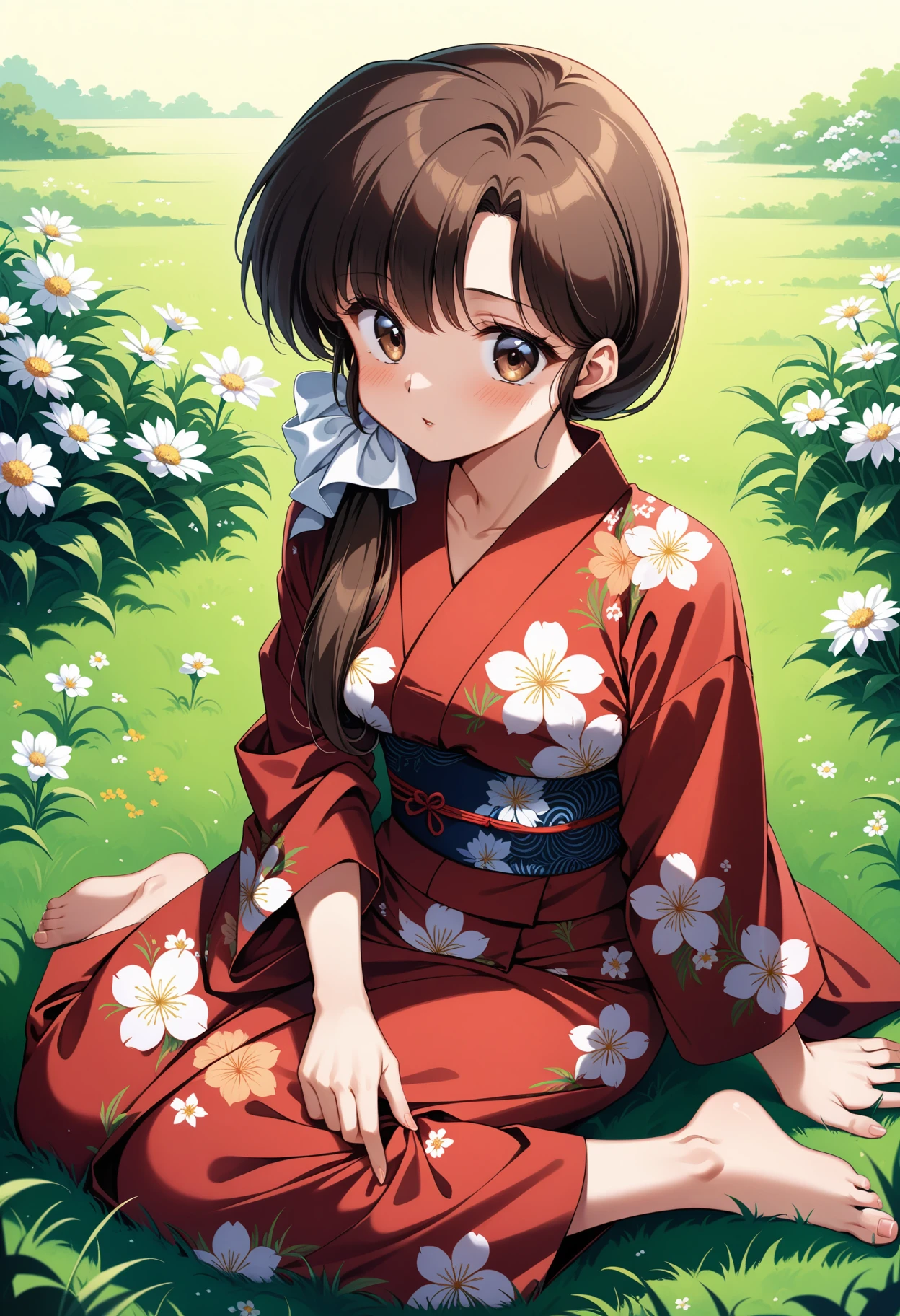 (masterpiece, best quality, very aesthetic, ultra detailed), intricate details, 4k, aakasumi, hair over shoulder, brown hair, brown eyes, long hair, medium breasts, low ponytail, <lora:tendou_kasumi_animagine_v1:0.9>, red kimono, yukata, floral print, obi, field, on floor, grass, flower, wariza