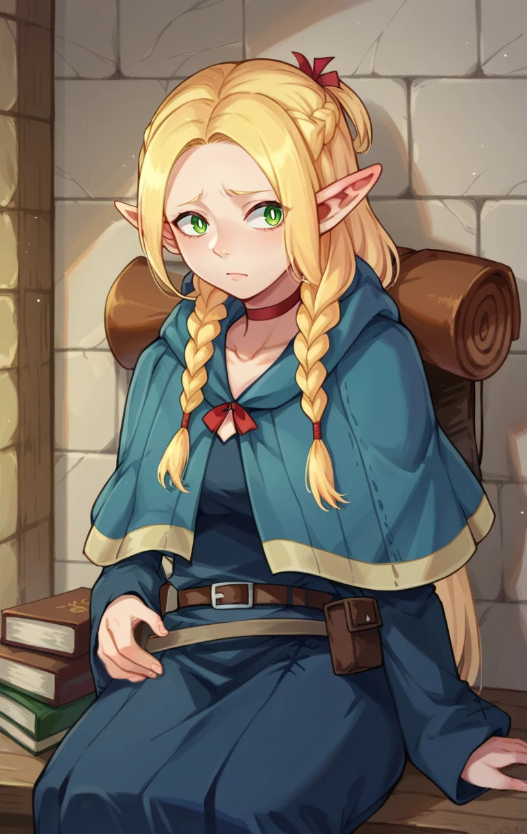 score_9,score_8_up,score_7_up BREAK <lora:marcilledonato:1>,marcilledonatoSDXL,1girl,solo,long hair,blonde hair,green eyes,braid,choker,pointy ears,belt,bag,twin braids,capelet,backpack,elf,pouch,robe,cowboy shot,room,room background,sitting,