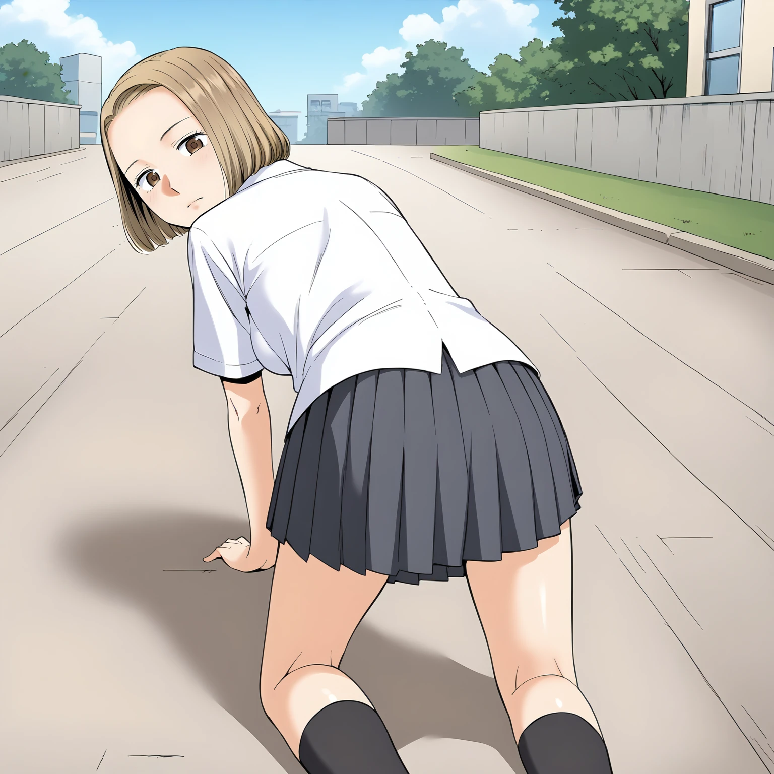 <lora:KZ_TomonoNiiyamaXLpony001>,
solo,
TomonoNiiyama,1girl,blonde hair,bob_cut,forehead,brown eyes,
medium breasts,
dress_shirt,short_sleeves,
pleated_skirt,
black socks,knee length socks,
outdoors,
all fours,looking back,