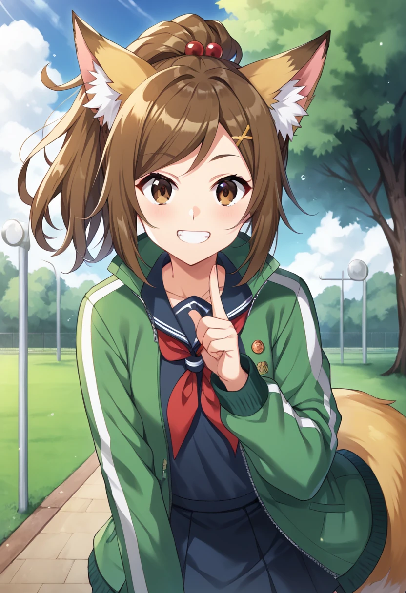 score_9,score_8_up,score_7_up,source_anime,masterpiece,best quality,game cg,1girl,solo,little_girl,brown eyes,brown hair,pink hair,hair ornament,swept bangs,fox ears,ponytail,fox tail,green track jacket,((open_jacket:1.4)),((open_clothes:1.3)),black school uniform,long sleeves,neckerchief,blue skirt,red hair bobbles,<lora:kittunSB69:1>,cowboy_shot,looking_at_viewer,open mouth,window,grin,index_finger_raised,park,cloud,kind_smile,