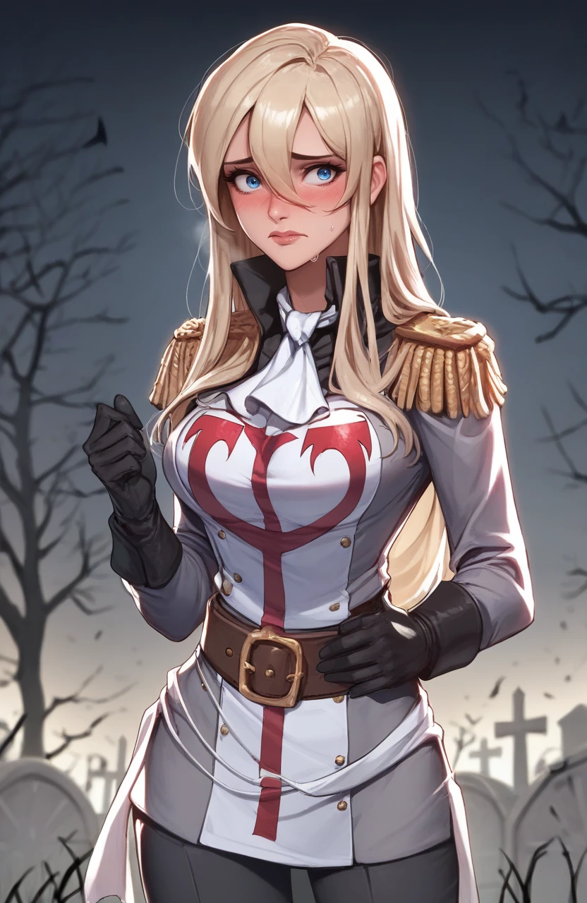 score_9, score_8_up, score_7_up, 
1girl, solo, <lora:THALIA:1>, long hair, blonde hair, lips, blush, blue eyes, hair between eyes, 
uniform, epaulettes, belt, military uniform, ascot, black gloves, 
standing, shiny skin, sweaty, looking at viewer, nervous, worried, blush, 
<lora:Smooth Anime 2 Style SDXL_LoRA_Pony Diffusion V6 XL:0.9>
<lora:BlackComicPony:0.5>
depth of field, blurry background, blurry foreground, haunted, graveyard, spooky, sidelighting, backlighting, simple background, gradient background,