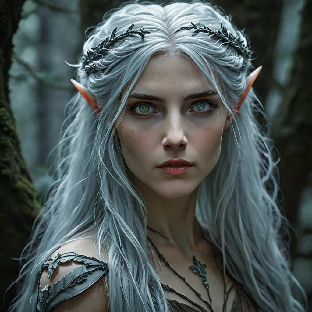 An upper body photo of an ethereal elven princess with long, flowing silver hair that cascades down her back, adorned with a delicate black vine-like crown. Her piercing, icy blue eyes reflect a deep, ancient wisdom, and her pointed ears add to her mystical appearance. She is dressed in a dark, elegant gown with intricate, leaf-like patterns that blend seamlessly with the shadowy forest around her. The background is a dim, enchanted woodland, where the ancient trees loom tall and mysterious, their twisted branches casting eerie shadows across the scene, enhancing the princess's otherworldly presence