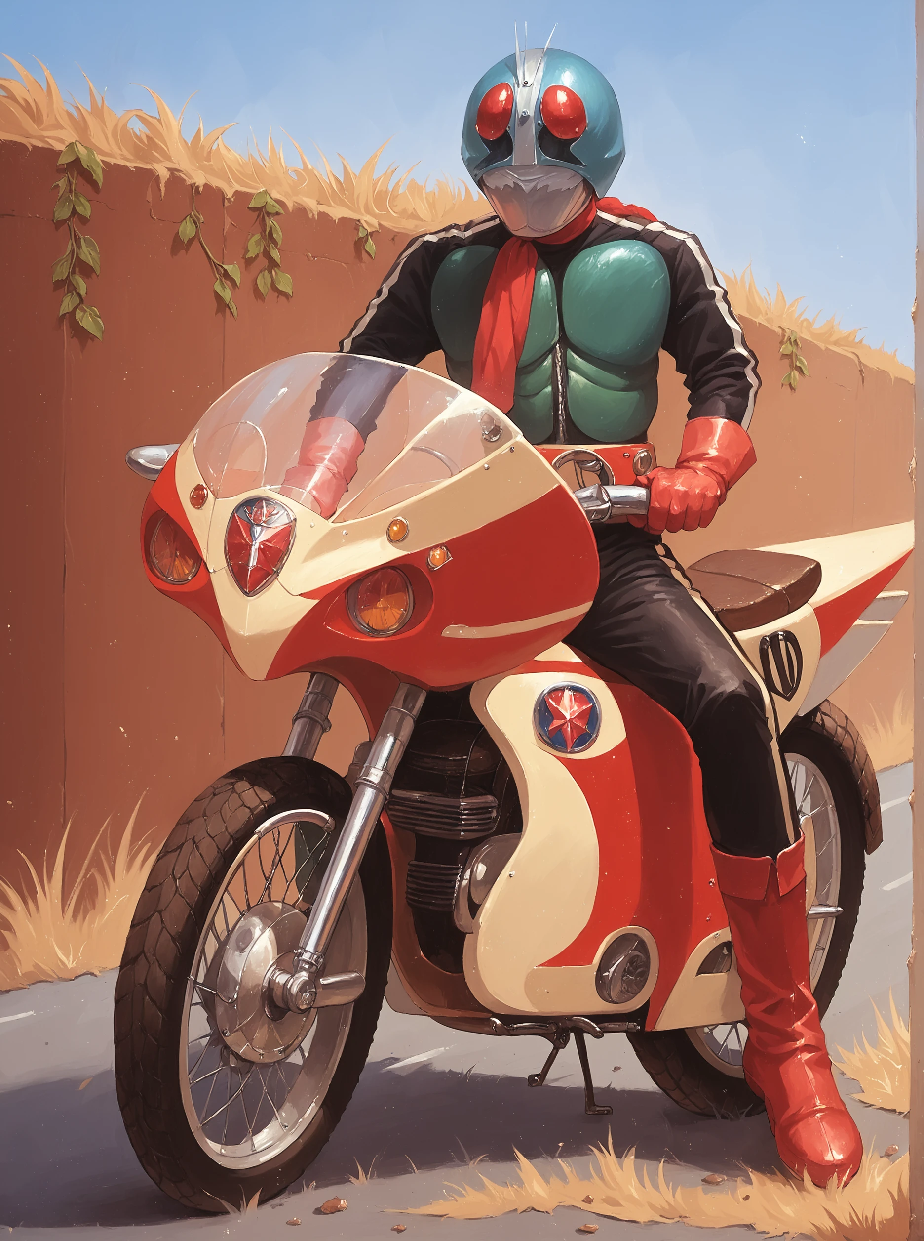 score_9, score_8_up, score_7_up, masterpiece, source_realistic,  kamen rider, ground vehicle, motor vehicle, motorcycle, 1boy, male focus, helmet, solo, gloves, boots, outdoor,  quarry<lora:sn0wStyle:1> <lora:HKHorrorXL:1>,<lora:Kamen_rider_ichigo__nigo_Double_rider_1972:1>