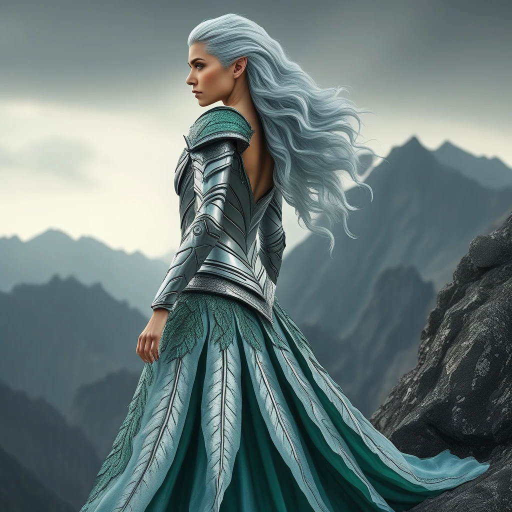 wearing a shimmering emerald green gown adorned with intricate silver embroidery. She stands gracefully in a lush, dressed in intricately designed silver armor adorned with emerald accents. She stands on a rocky outcrop overlooking a vast mountainous landscape at sunrise, while subtle sparkles of fairy dust dance around her, casting a warm glow on her radiant features. She stands poised, ethereal fabrics in shades of light blue and silver, wearing a flowing silver gown adorned with intricate leaf patterns. She is surrounded by a lush, flowing silver hair cascading down her back. She is dressed in an elegant