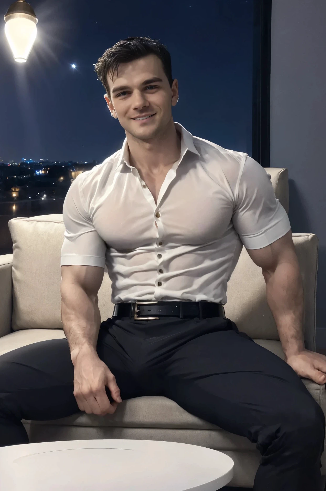 Portrait of Joshua Orpin, he is (wearing a fitted tight white button-up shirt with:1.3), (sleeves tight against his big biceps:1.3), (he is wearing fitted black dress pants, with belt:1.3), handsome man, attractive man, handsome male, (sitting in hotel living room:1.3), inspired by Pablo Munoz Gomez, editorial photograph, wide angle, upper portrait of Joshua Orpin, by Roman Bezpalkiv, by Artur Tarnowski, maxim sukharev, by Gabor Szikszai, Highly Detailed, highly detailed, muscular body, broad shoulders, big biceps, short black hair, blue eyes, ((confident attitude:1.3)), ((nighttime:1.3)), ((midnight:1.3)), ((only source of light: lamp table:1.3)), smile,