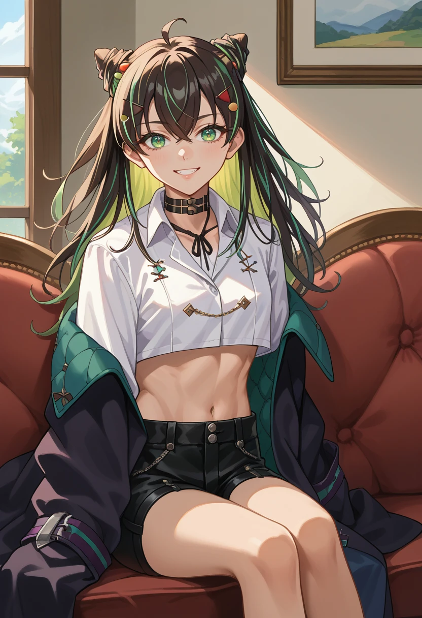 score_9, score_8_up, source_anime, 1girl, solo, Hachidori, multicolored hair, long hair, cone hair bun, ahoge, hair ornament, black choker, neck ribbon, collared shirt, white shirt, cropped shirt, black coat, midriff, black shorts, thigh strap, indoors, on sofa, sitting, smile, <lora:ChamHachidoriPonyXL:1>