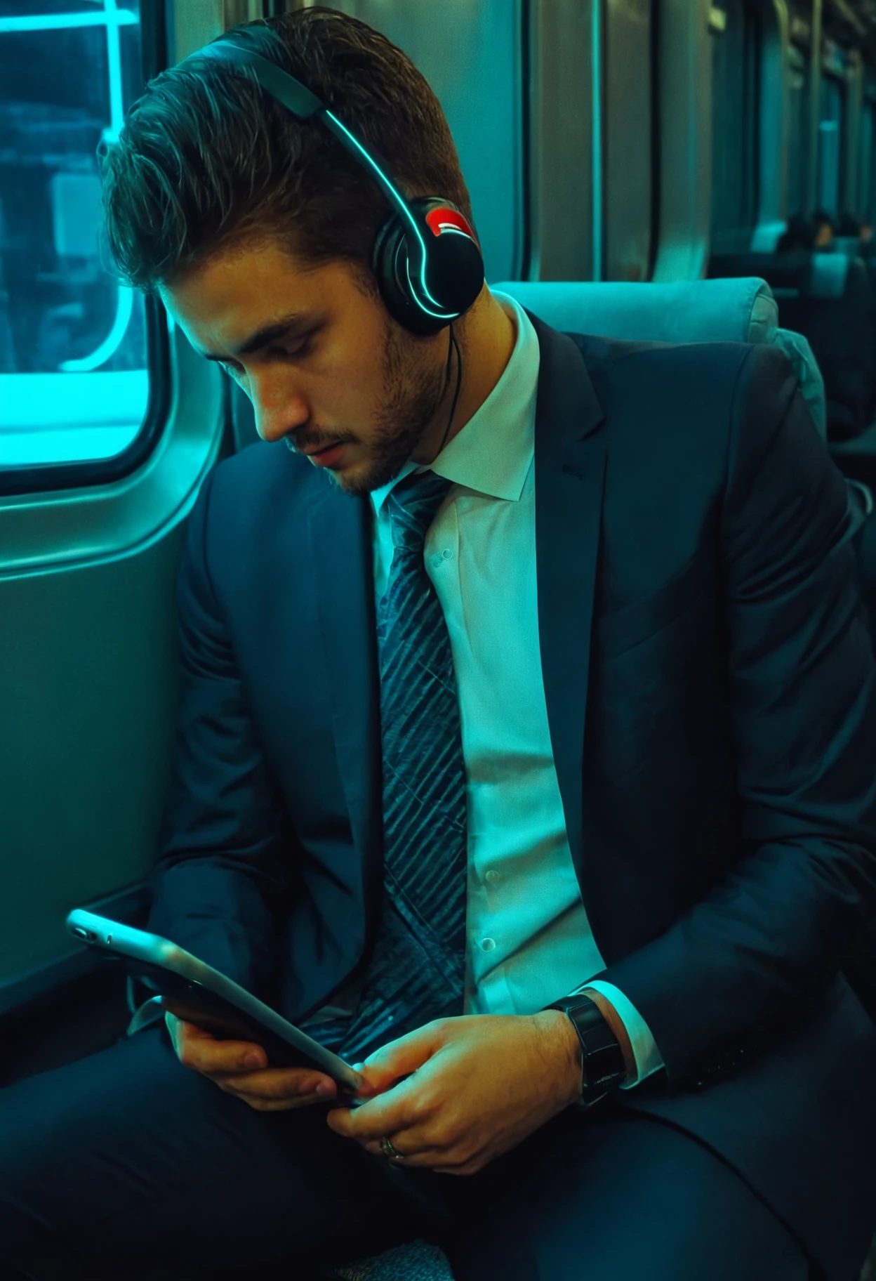 photo portrait of a young man in a business suit and tie looking at his phone sitting on a train at night, lost in thought, headphones, detailed skin, neon lights, slightly blurry <lora:mobile:0.8>