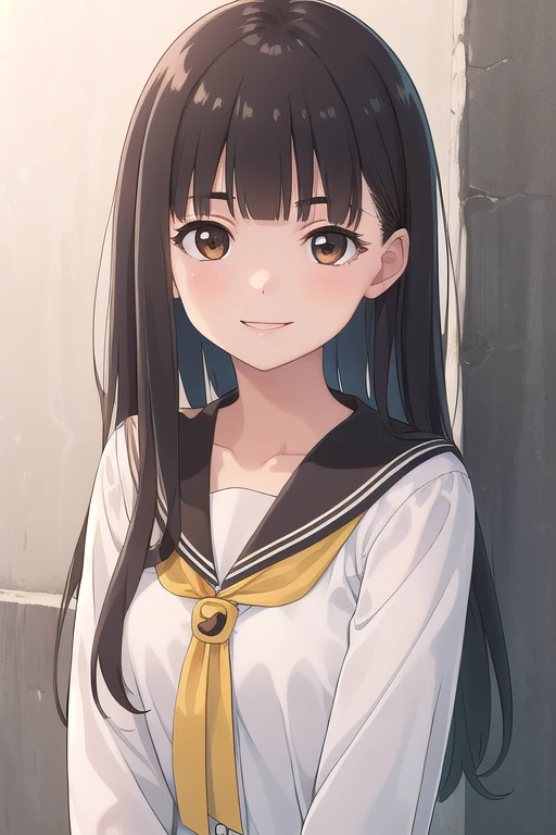 ((masterpiece)),(best quality),official art,extremely delicate and beautiful,extremely detailed CG,unity 8k wallpaper,ultra detailed,beautiful detailed eyes,extremely detailed face,outdoors,1girl,solo,upper body,(portrait:1.5),looking at viewer,facing viewer,smile,Nukumizu Kaju,very long hair,black hair,straight hair,sidelocks,blunt bangs,brown eyes,collarbone,school uniform,brown sailor collar,sailor dress,white dress,buttons,yellow neckerchief,medium breasts,long sleeves,sleeves past wrists,black socks,loafers,<lora:Nukumizu Kaju(mtmlh)>,