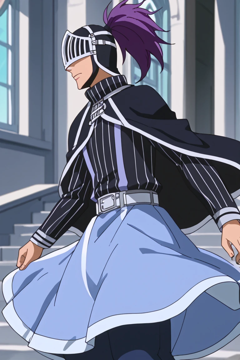 score_9, score_8_up, score_7_up, source_anime, rating_safe, BickslowFT, grey Bickslowi helmet, purple hair ponytail, 1boy, male focus, anime screencap, black Bickslow capelet, black Bickslow bodysuit, belt, light blue Bickslow long skirt