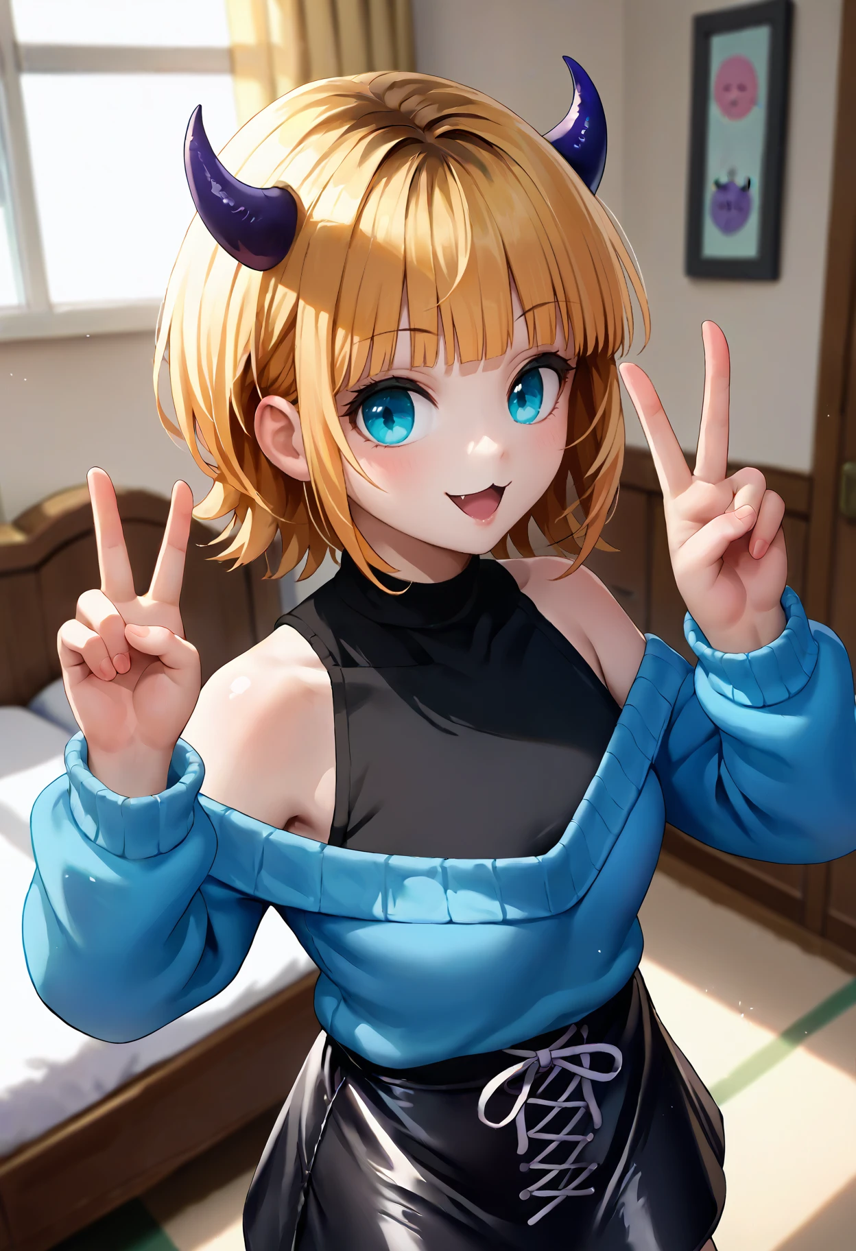 score_9, score_8_up, score_7_up, source_anime, solo, 1girl, mem-cho, :3, smile, open mouth, looking at you, standing, double v, fake horns, demon horns, blue sweater, off-shoulder sweater, long sleeves, black shirt, sleeveless shirt, cross-laced clothes, black skirt, bare shoulders, collarbone, indoors, bedroom
<segment:yolo-face_yolov8m.pt,0.4,0.5>