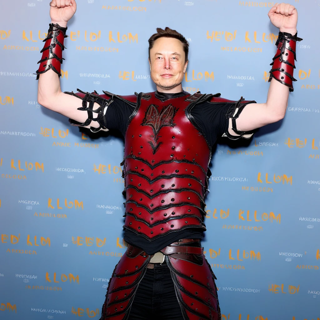 Elon Musk, 1boy, solo, armor, male focus, photo, arms up, upper body