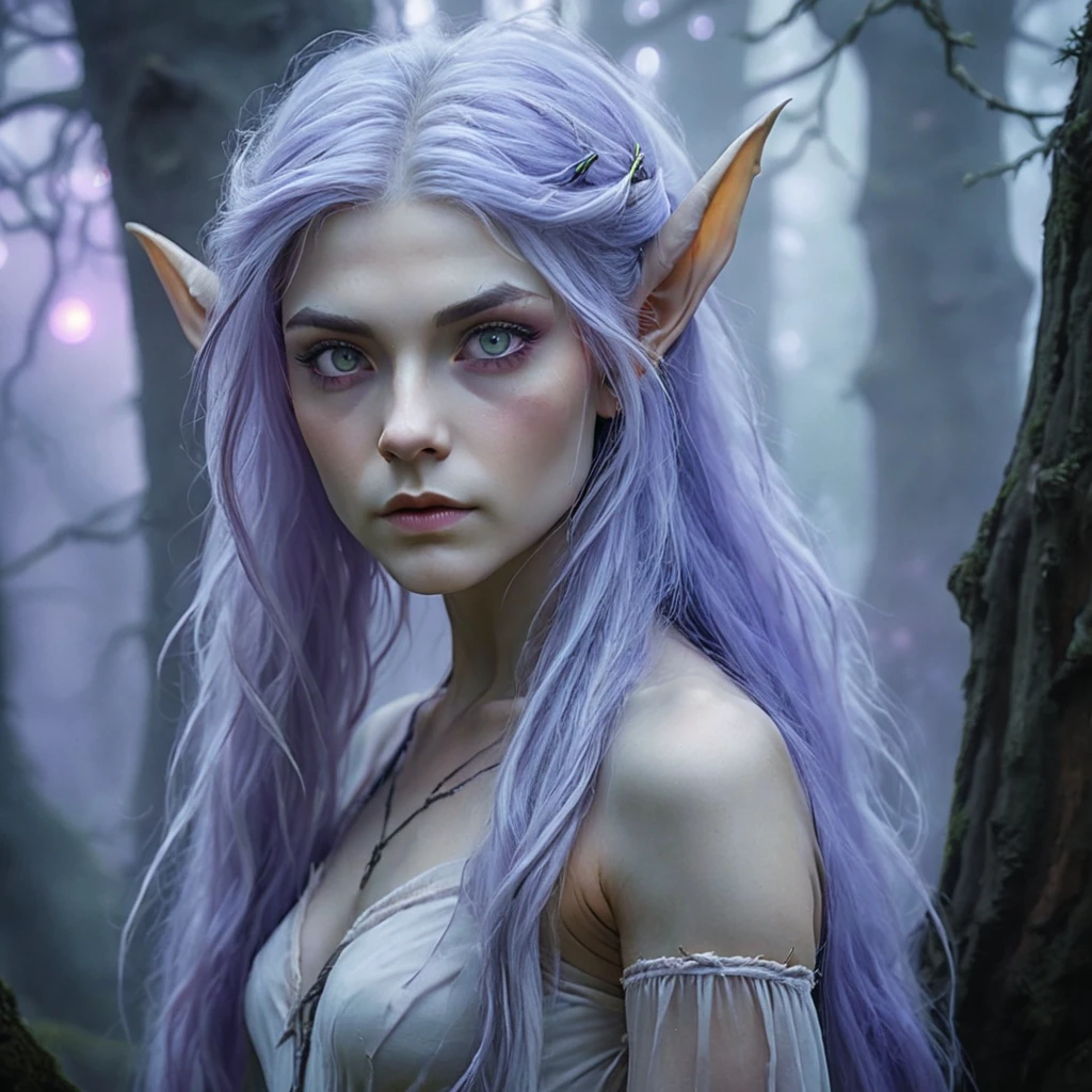 An upper body photo of an ethereal elven princess with long, flowing lavender hair that drapes softly over her shoulders. Her piercing violet eyes and delicate features are accentuated by her slightly pointed ears, giving her an otherworldly appearance. She is dressed in a soft, off-the-shoulder gown made of sheer, flowing fabric that blends seamlessly with the misty, enchanted forest around her. The background is a mystical, fog-laden forest with ancient trees, their branches twisted and gnarled, and soft, glowing orbs of light floating in the air, adding to the eerie and magical atmosphere.