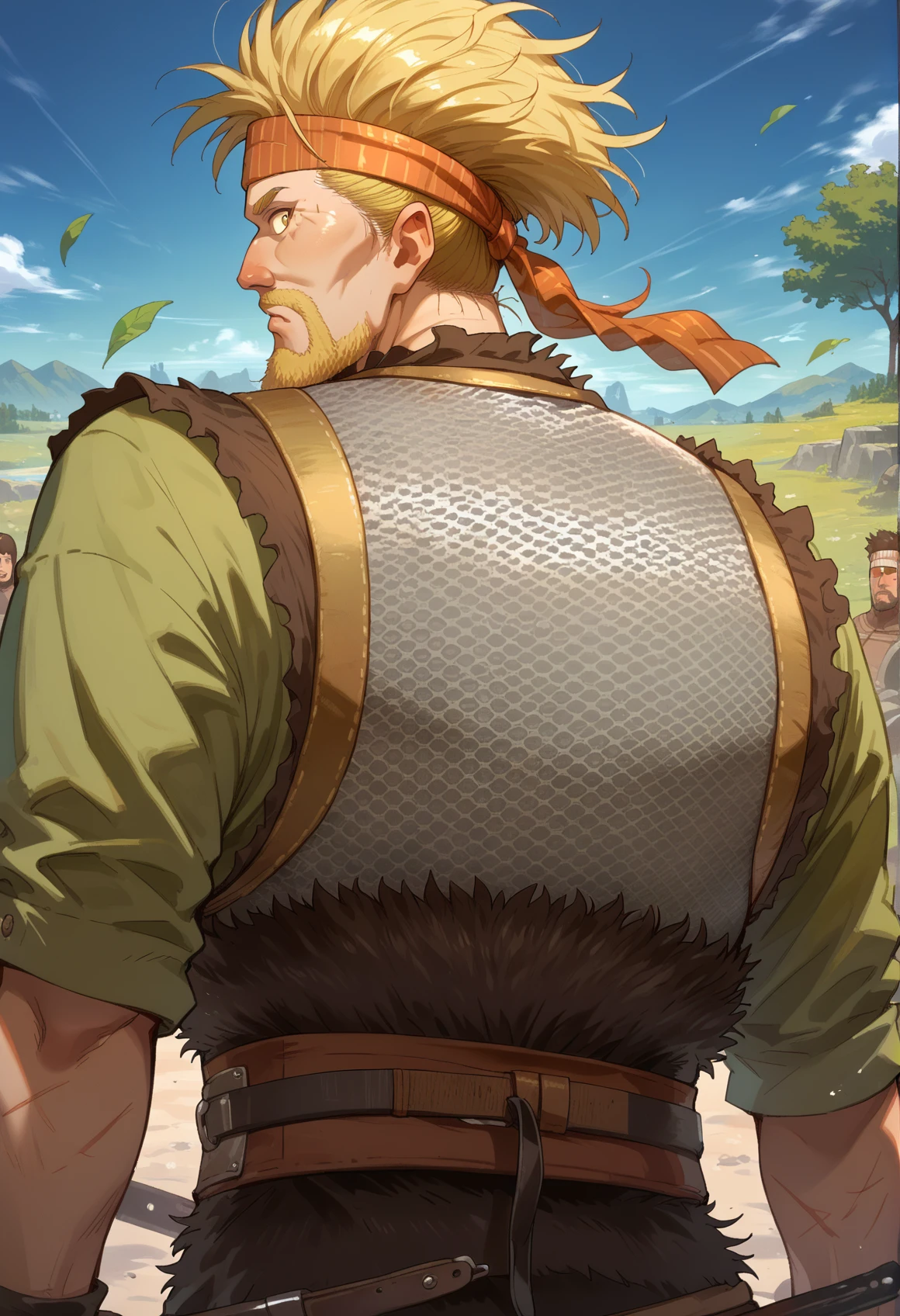 1boy, solo, <lora:Thorkell-v2:1> Thorkell, beard, (yellow eyes:1.15), chainmail armor, belt, headband, short green sleeves, looking back, view from behind, score_9, score_8_up, score_7_up, score_6_up