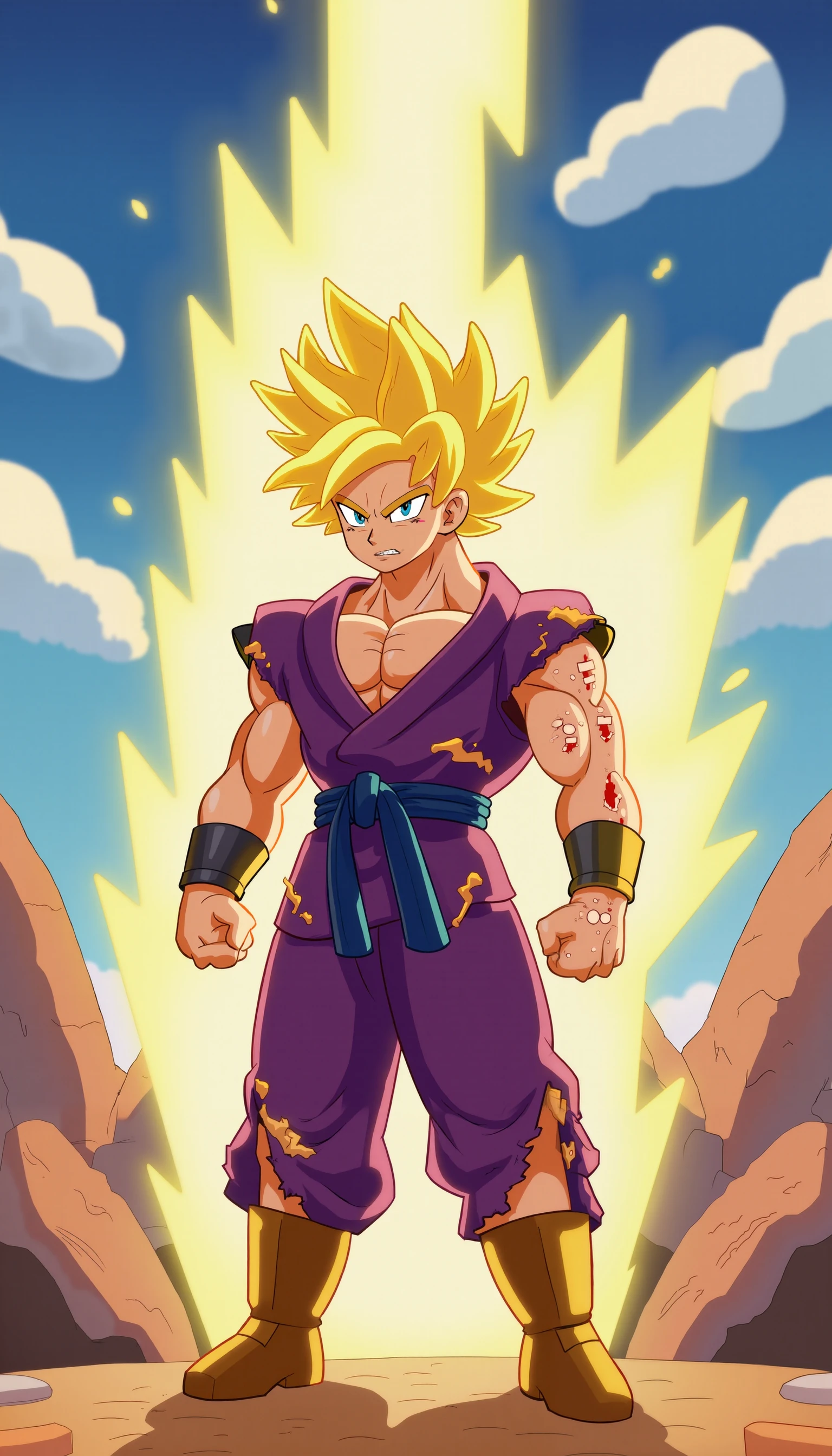 The image showcases a powerful warrior in an intense moment of transformation, standing amidst a desolate landscape. His wild, golden hair stands upright, radiating with an aura of intense energy, as if electrified. The sharp, angular style of the hair, paired with his fierce expression, emphasizes his heightened state of power. His brows are furrowed, eyes glowing with determination, and his clenched fists convey a readiness for battle.

The warrior's outfit consists of a torn, sleeveless purple gi, with the fabric ripped and tattered, exposing his muscular physique. The outfit is held together by a blue sash wrapped tightly around his waist. His golden boots are sturdy, complementing his robust stance. His skin is marked with several cuts and bruises, indicating that he's been through a fierce battle, but his spirit remains unbroken.

Surrounding him is a vivid aura of yellow energy, crackling with electricity. This aura not only highlights his immense power but also adds to the dynamic feel of the image. The background features a rocky, barren terrain under a bright blue sky, with jagged rocks scattered around, suggesting a harsh environment. The overall scene captures the raw energy, intensity, and determination of the warrior, poised for the next move in his epic battle.