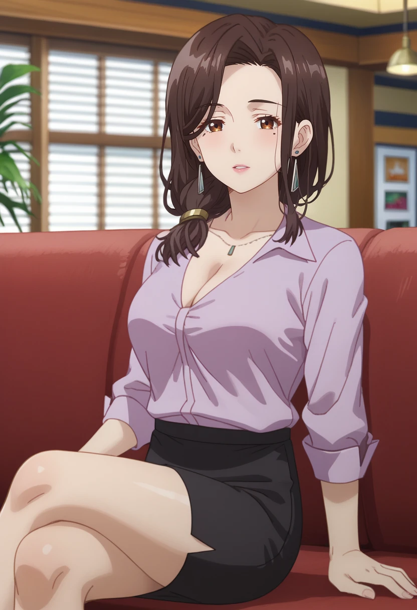 score_7_up, anime screencap,
<lora:HigeHiro_GotouAiriXL:1>, GotouAiri,
1girl, solo, parted lips, mature, seducing gaze,
long hair, brown hair, hair over shoulder, brown eyes, mole under eye, earrings,
purple shirt, cleavage, pencil skirt, black skirt,
sitting, crossed legs, looking at viewer,
blurry background, indoors, bar, couch