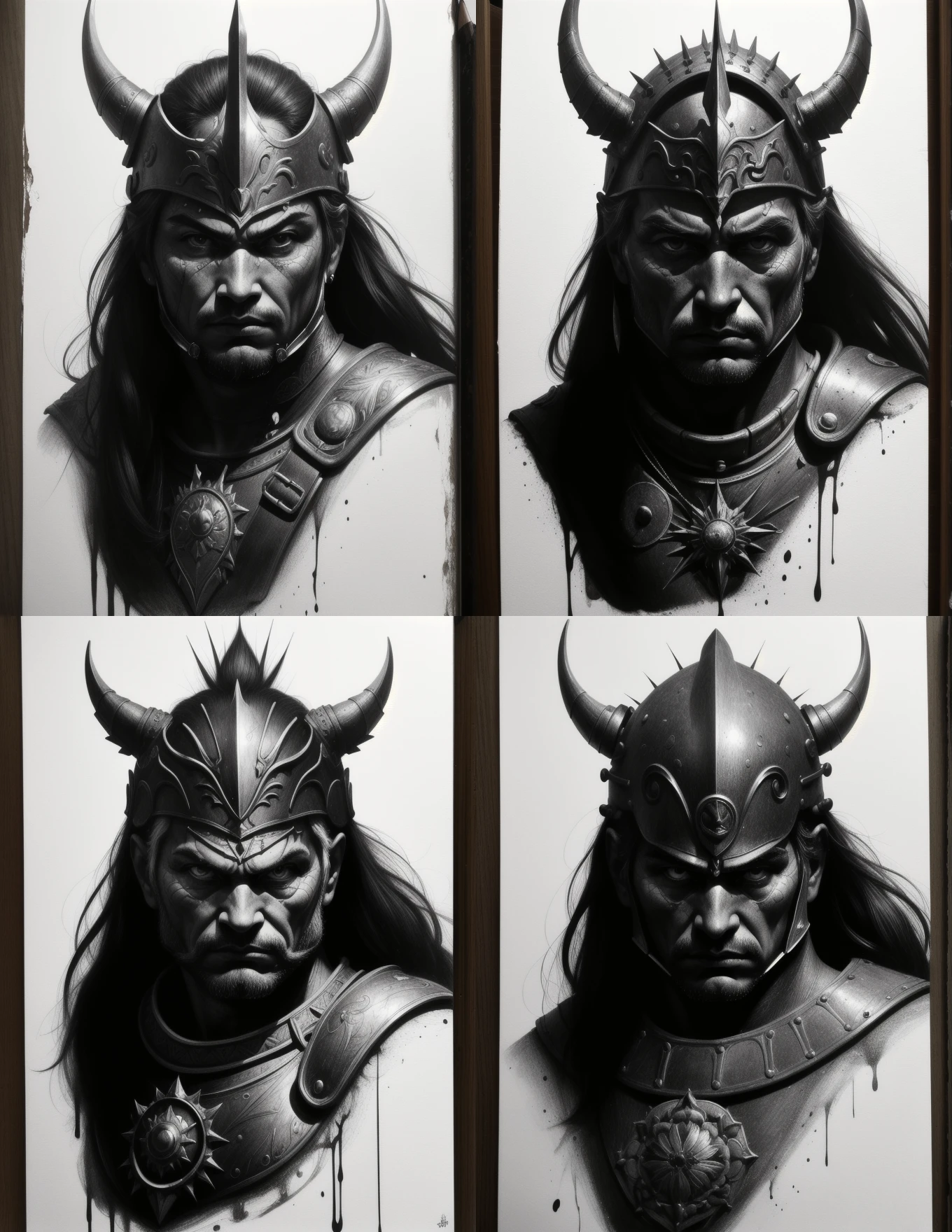 drawing, (ttatt:1.1), realism, a warrior, (full size:1.3), far shot, (bw:1.2), (masterpiece:1.2), (white background:1.2), (high detailed:1.1)