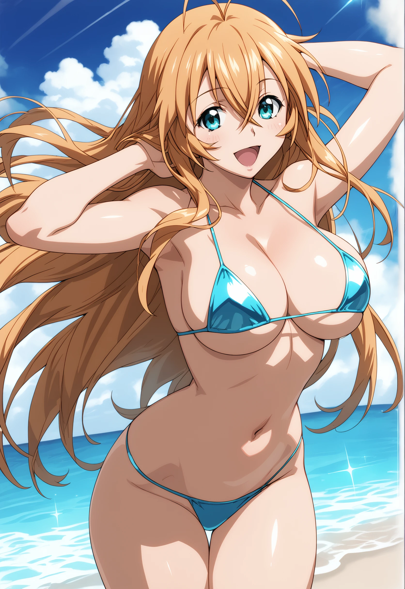 score_9, score_8_up, score_7_up, source_anime, 1girl, solo, outdoors, ocean,<lora:SonsakuhakufuPony_V01:1> sonsakuhakufupony, long hair, blonde hair, aqua eyes, hair between eyes, antenna hair,  large breasts, sexy, glamor, anime screencap, smile, looking at viewer, closed mouth,  cowboy shot, micro bikini, open mouth,
<lora:flat_sdxl:-0.4> <lora:Fixhands_anime_bdsqlsz_V1:1>