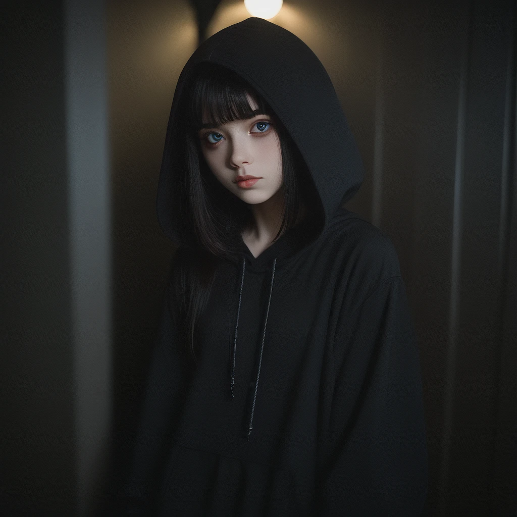 score_9,score_8_up,score_7_up,film_grain,cinematic,cinematic_light,((rough_skin,realistic skin)),(freckles:0.6),volumetric_lighting,vivid_colours,rembrandt_lighting,
1girl,supermodel,perfect_face,oval_face,beautiful,temperament,feminine_charmsexy,beautiful_eyes,heavy_makeup,bishoujo,
black hime cut, (light freckles:0.8),black oversized hoodie, hood over head,black skirt, leaning on wall,
darkness,late at night,inside, bar,