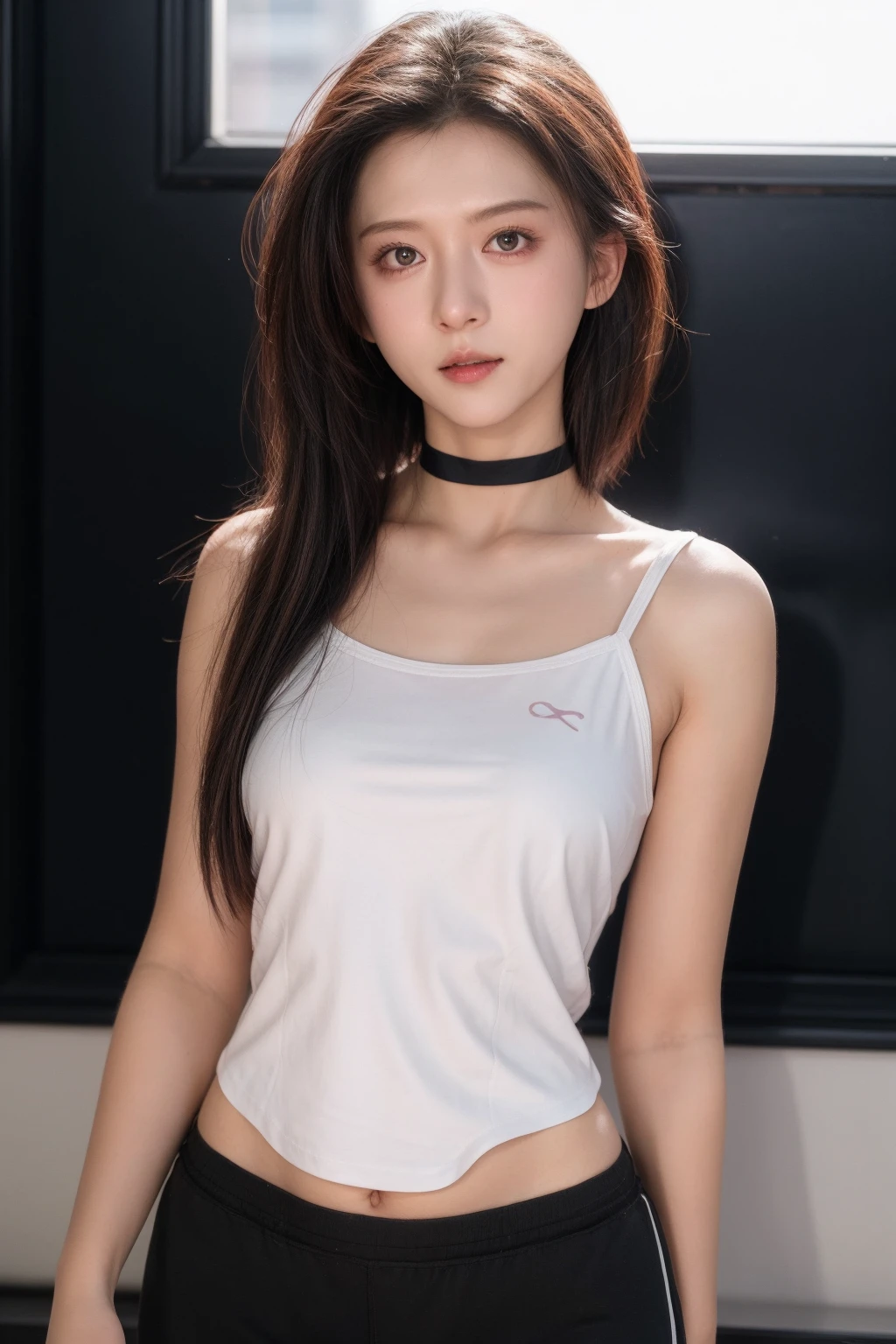 1girl, high quality,  looking at viewer, , upper body, center opening, yoga pants,(photorealistic, realistic),standing, (crotch seam), (skin tight), blush, camisole, choker, thigh gap, cameltoe, 
 <lora:hsyu_v1:0.45> <lora:add_detail:1>   <lora:ip-adapter:0.65>