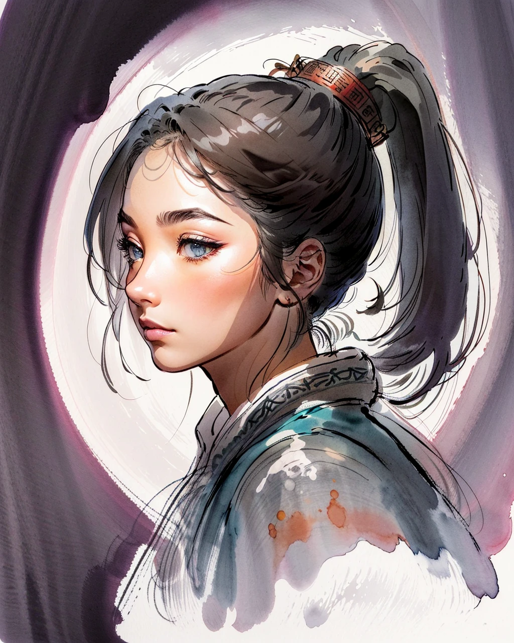 best quality,masterpiece,highly detailed,ultra-detailed, 
1girl, portrait, close-up, black hair, high ponytail, from side,looking at viewer, 
chen-uen, chinese clothes, , solo sword, é­å,chinese ink painting,
  <lora:Chen-Uen:1.25>, (color Ink wash painting:1.1),(ink splashing:1.1),(color splashing:1.1),(colorful:1.16),, (watercolor:1.16), soft lighting,