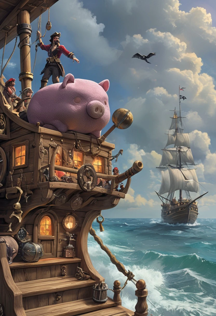 Boopig sails the seven sees, purple plush, pirates, booty, eyepatch, beard, treasure, cannon balls, multiple small boopig pirates, on a wooden pirate ship, from side, illustration, style of magic realism style, adventurous, happy, fun, majestic, masterpiece