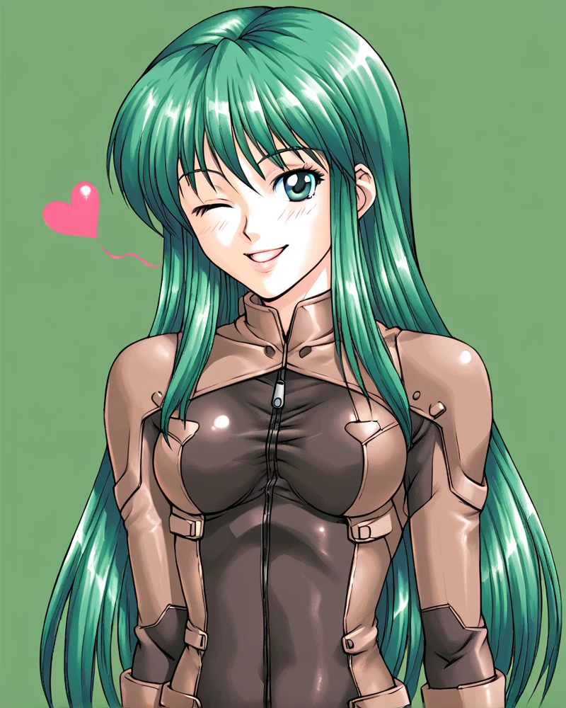 <lora:May_Greenfield_Armored_Core_FORPONY:1>may greenfield, 1girl, green hair, long hair, solo, wink, heart shape, green theme, bodysuit, (score_9), detailed  <lora:Figure_-_Ubawareta_Houkago_Style_ForPony:1>