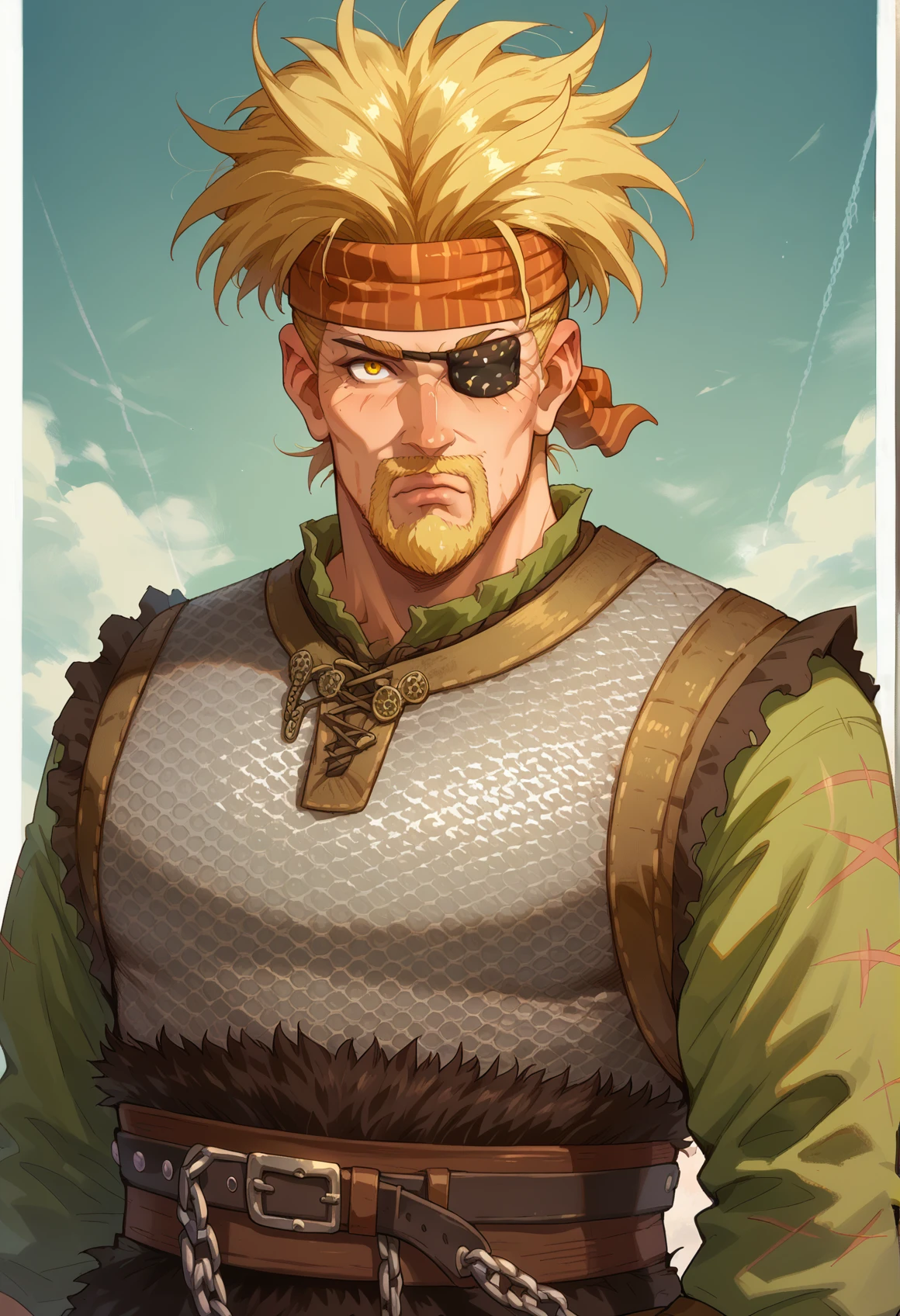 1boy, solo, standing, looking at viewer, upper body <lora:Thorkell-v2:1> Thorkell, beard, (yellow eyes:1.15), chainmail armor, belt, headband, short green sleeves, eyepatch, scars <lora:Pony_Artfy:1>, score_9, score_8_up, score_7_up, score_6_up