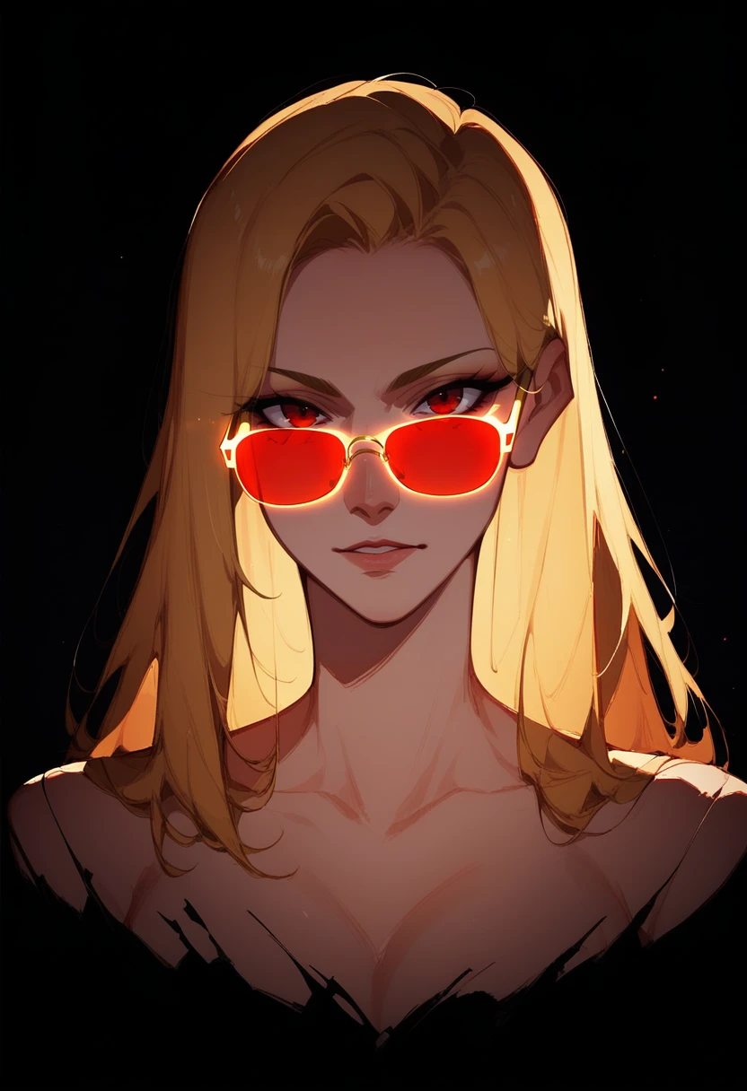 score_8_up, woman, blonde, looking at viewer, sunglasses, upper body, black background, glowing glasses, red eyes, night, dark
<lora:GlowingNoct:0.9> <lora:NoctFlatStyleV4:0.25>