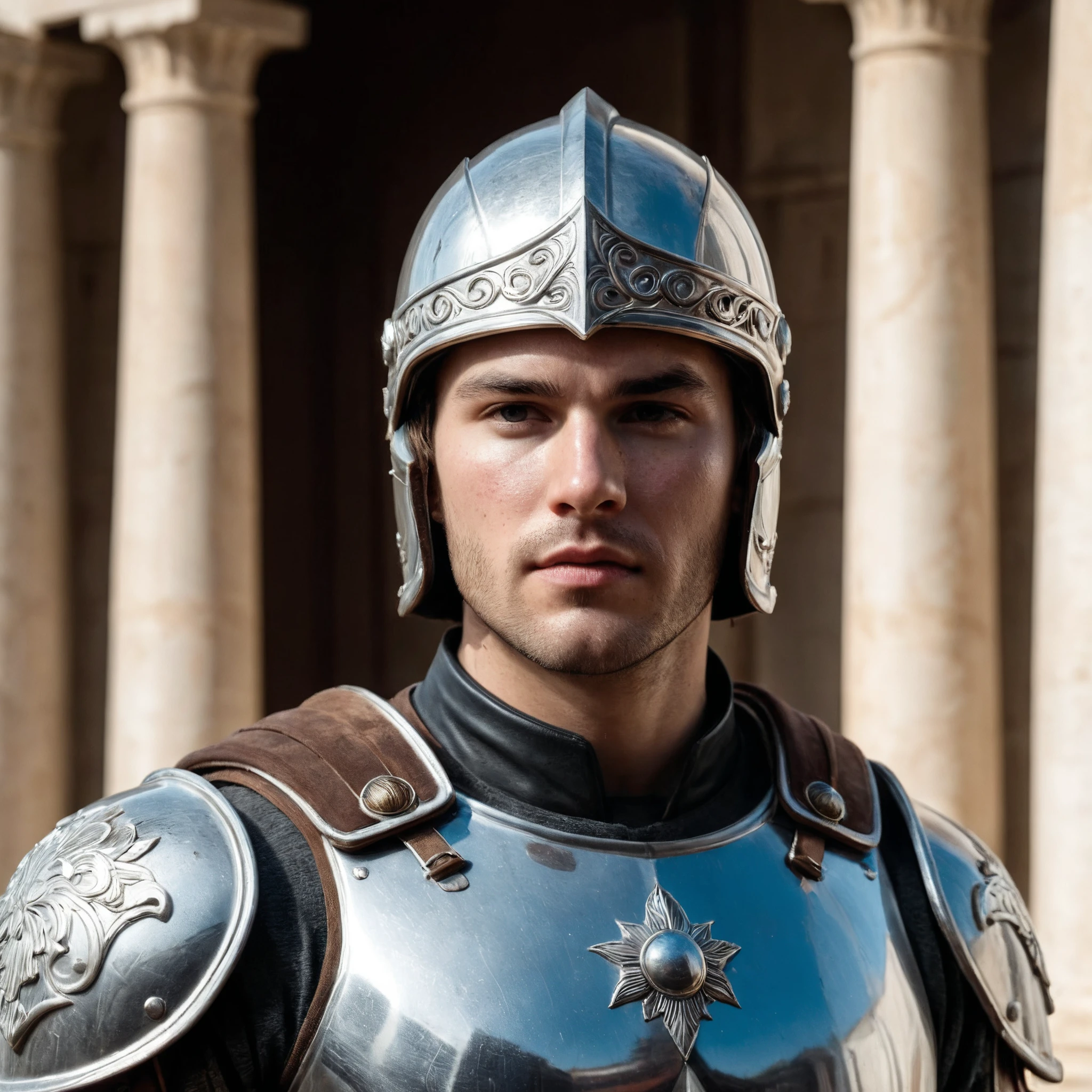 RAW photo, exterior photo, full body hero shot from the front of a male 30 year old warrior wearing a shiny knight armor with a helmet, he stands at the portal of a giant greek marble castle with columns, full sharp, detailed face, visible feet, blue eyes, (high detailed skin:1.2), 8k uhd, dslr, soft lighting, high quality, film grain, Fujifilm XT <lora:polyhedron_marble-000005:0.3>
focus on eyes, spotted light on her face, face towards sun, light on face, sun on face, dappled light in face, backlit, rim light, focus on eyes, clear eyes, shiny eyes, glittering eyes, light reflections in his eyes, winter white skin, pale skin, dry skin, clear skin, oiled shiny skin, blush, flushed cheeks, visible skin detail, skin pores, imperfect skin, skin blemish, few freckles, skin fuzz, beauty spot, moles <lora:polyhedron_all_sdxl-000004:0.1>