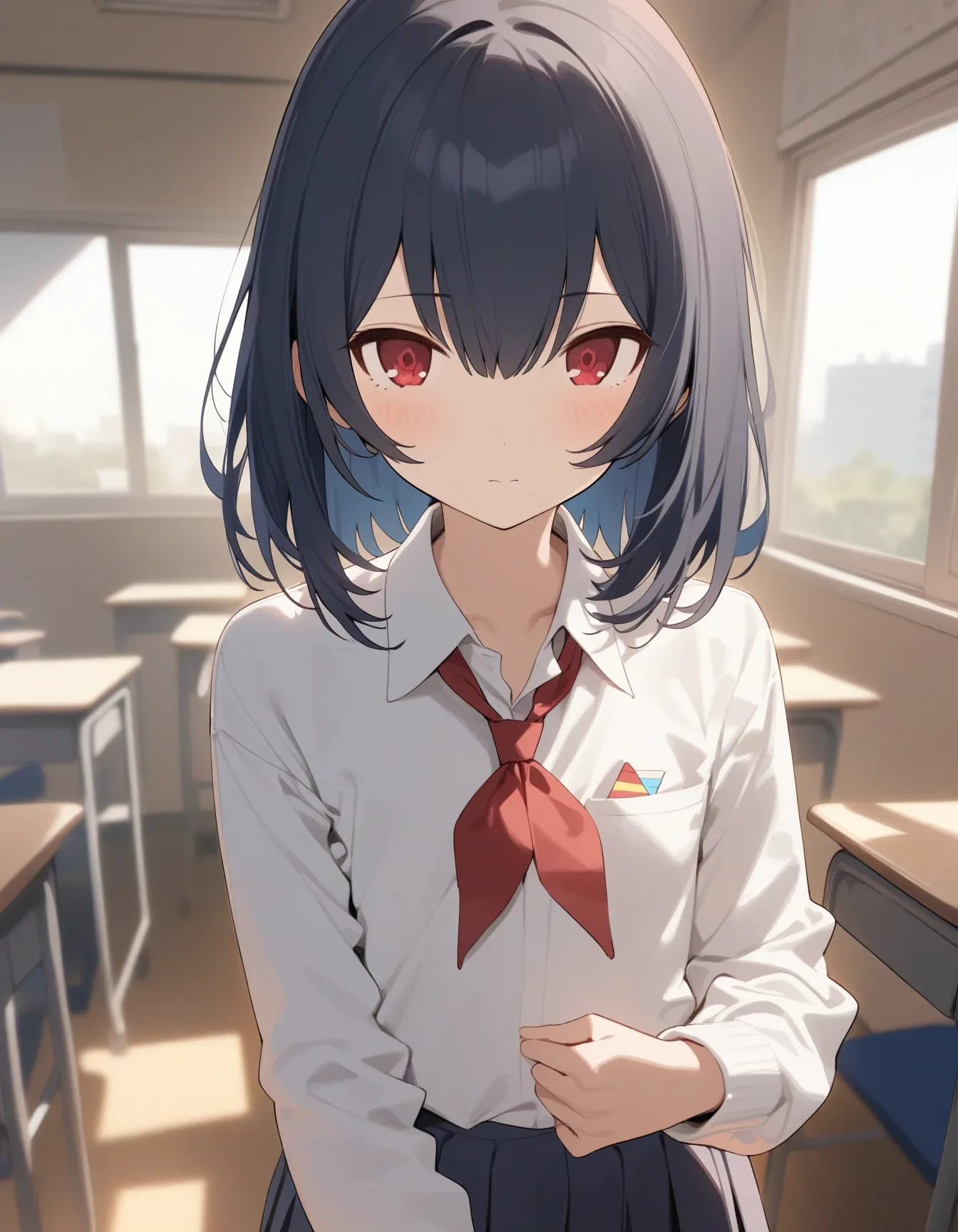 r_morinoFCW, straight hair, 1girl, solo, red eyes, medium hair, black hair, blue hair, bangs, hair between eyes, flat chest, looking at viewer, closed mouth, blush, school uniform, classroom
masterpiece, best quality, very aesthetic, absurdres
<lora:r_morinoXL_animagine:1>