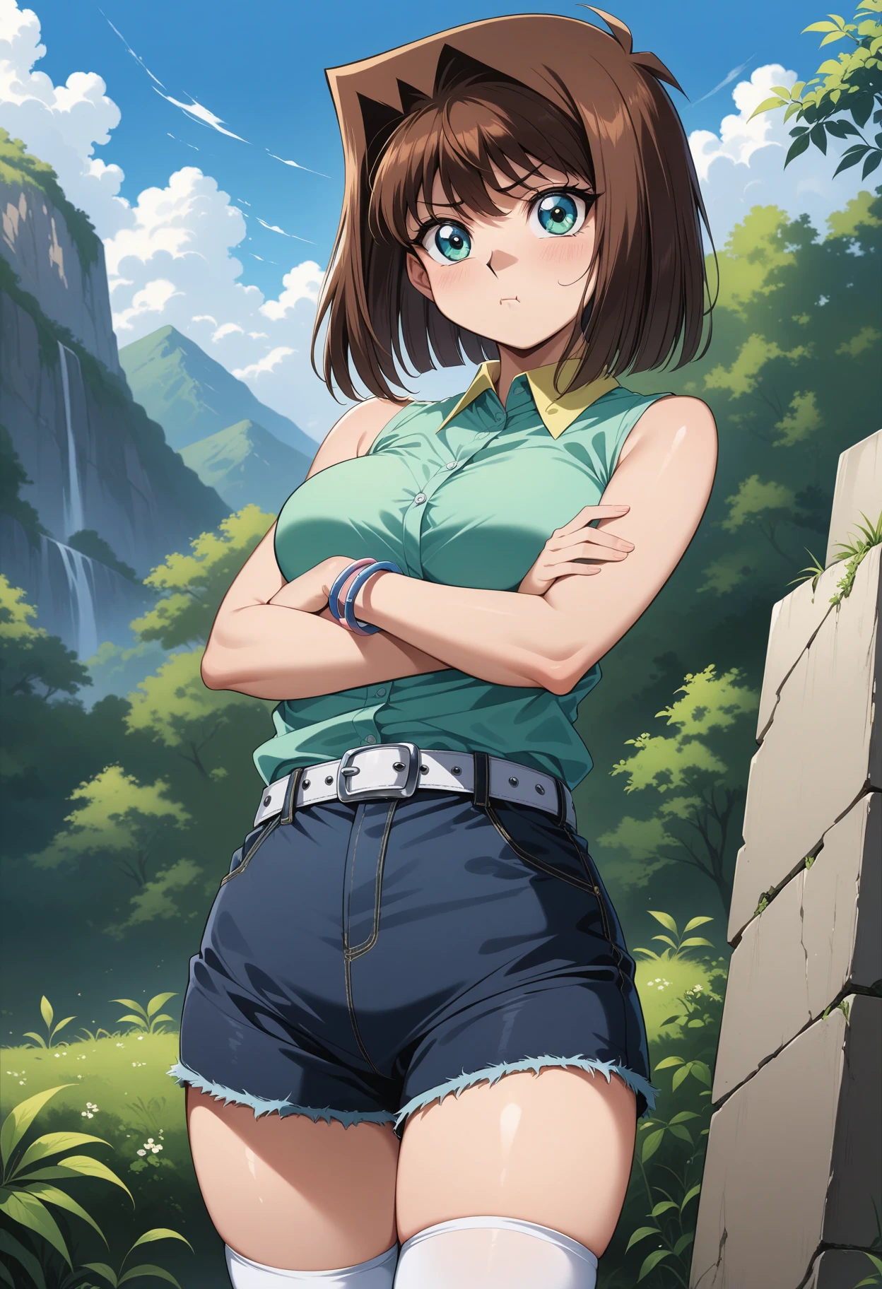 (masterpiece, best quality, very aesthetic, ultra detailed), intricate details, 4k, aaanzu, solo, medium hair, brown hair, aqua eyes, breasts, collared shirt, green shirt, sleeveless, bracelet, short shorts, blue shorts, white belt, white thighhighs, <lora:mazaki_anzu_animagine_v1:0.9>, pout, crossed arms, outdoors, standing, cowboy shot,