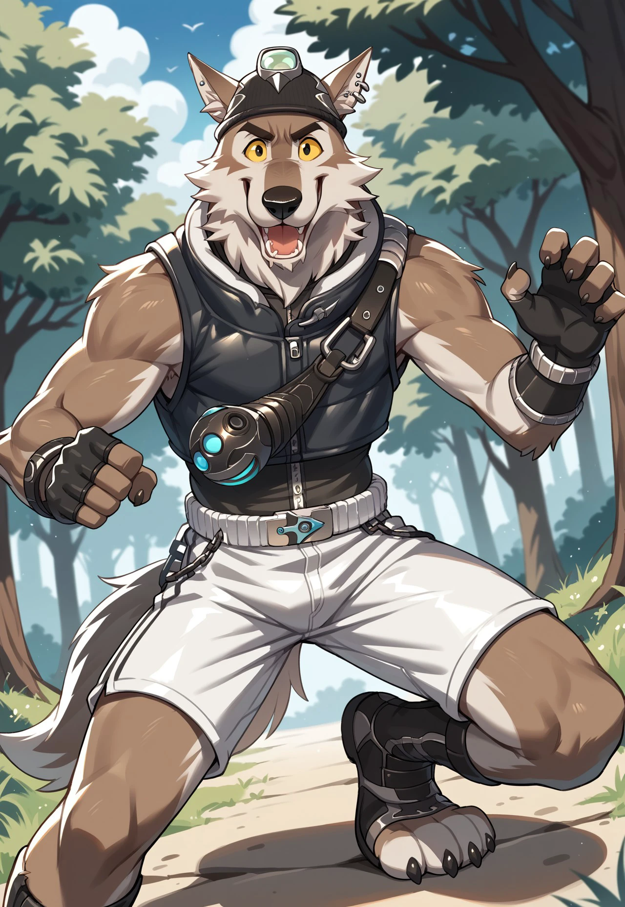 score_9, score_8_up, score_7_up, score_6_up, score_5_up, score_4_up, source_furry, hi res, anime, masterpiece, high quality, close up, outdoors, forest, dynamic angle, action pose, legs spread, Wendell, Wolf, Brown Fur, Hat, Right-Ear-Piercing, Shoulder-Gear, Shorts, Fingerless Gloves, Footwear, black eyes, no irises, yellow sclera, open mouth, smile, tounge out, looking at viewer, anthro, male