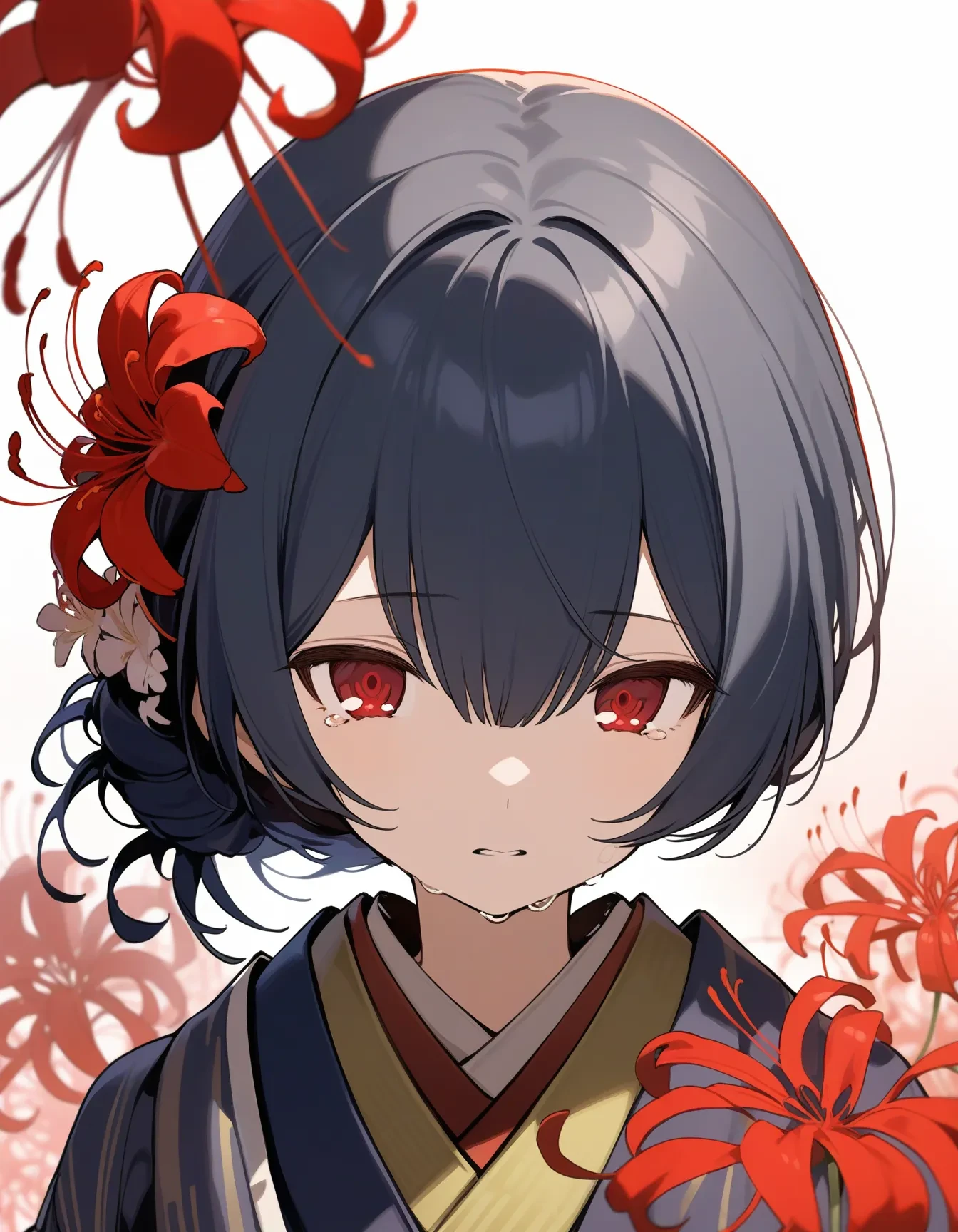 r_morino, 1girl, red eyes, solo, flower, japanese clothes, looking at viewer, hair ornament, hair flower, kimono, bangs, upper body, red flower, blue hair, hair between eyes, parted lips, hair bun, sidelocks, tears, single hair bun, spider lily, black hair, white background, long hair,
masterpiece, best quality, very aesthetic, absurdres
<lora:r_morinoXL_animagine:1>