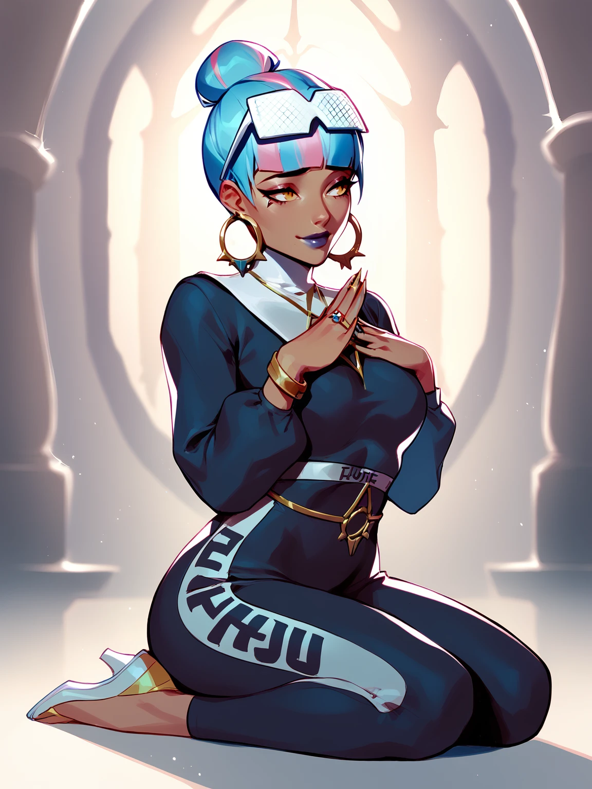 score_9, score_8_up, score_7_up, BREAK, Qiyana True Damage, 1girl, solo, single hair bun, blue and pink hair, multicolored hair, nun clothes, Religious habit, shy smile, looking away, sitting on her legs, kneeling, hands folded in a prayer gesture <lora:QiyanaTD:1>  <lora:AhEtoBlehMeme_pdxl_Incrs_v1:1>