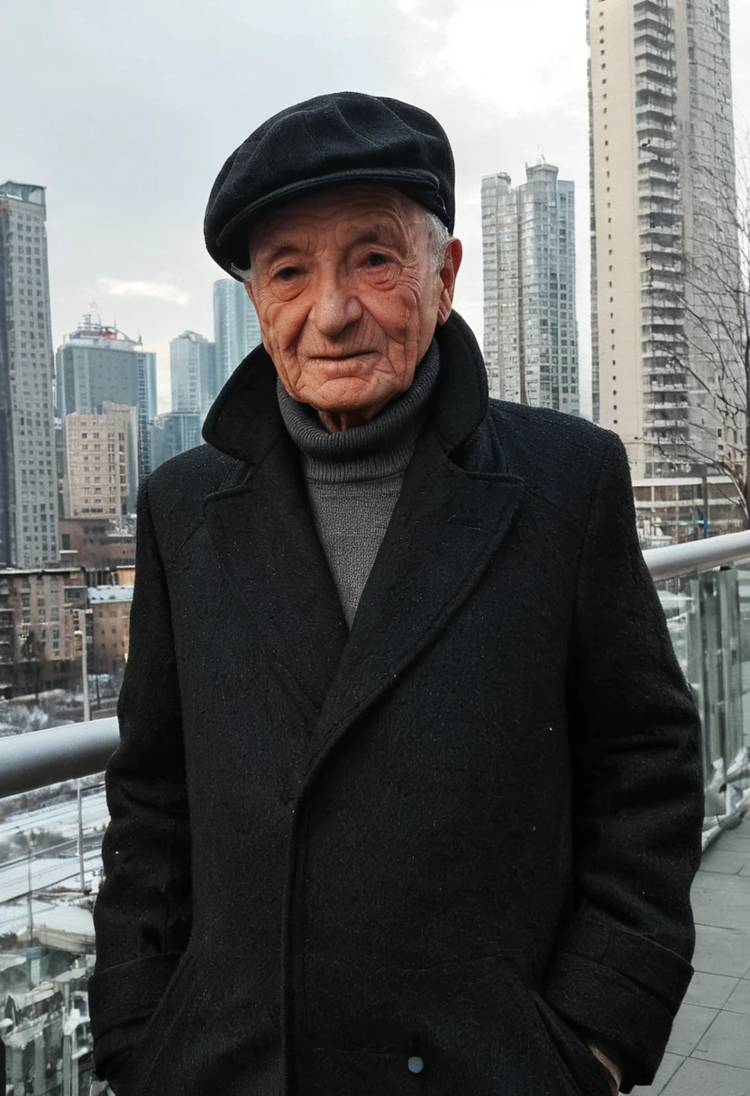 photo of an elderly man with wrinkly skin standing in a city, high-rise buildings, winter, black wool hat and coat, natural light, <lora:mobile:1>