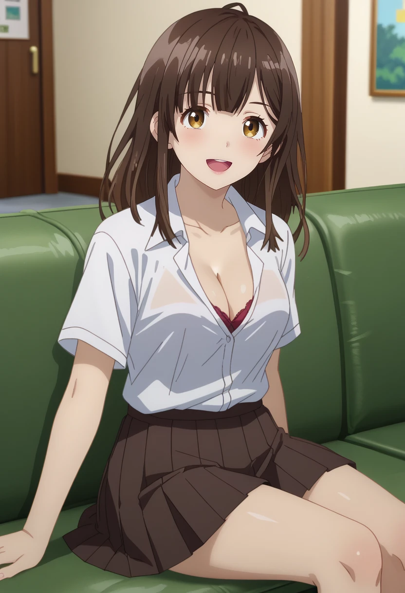 score_7_up, anime screencap,
<lora:HigeHiro_OgiwaraSayuXL:0.9>, 
1girl, solo, open mouth, seductive smile,
long hair, brown hair, multicolored eyes, brown eyes, yellow eyes,
SayuSchool, collared shirt, white shirt, cleavage, pleated skirt, brown skirt, 
sitting, on couch, looking at viewer,
blurry background, indoors, living room, couch