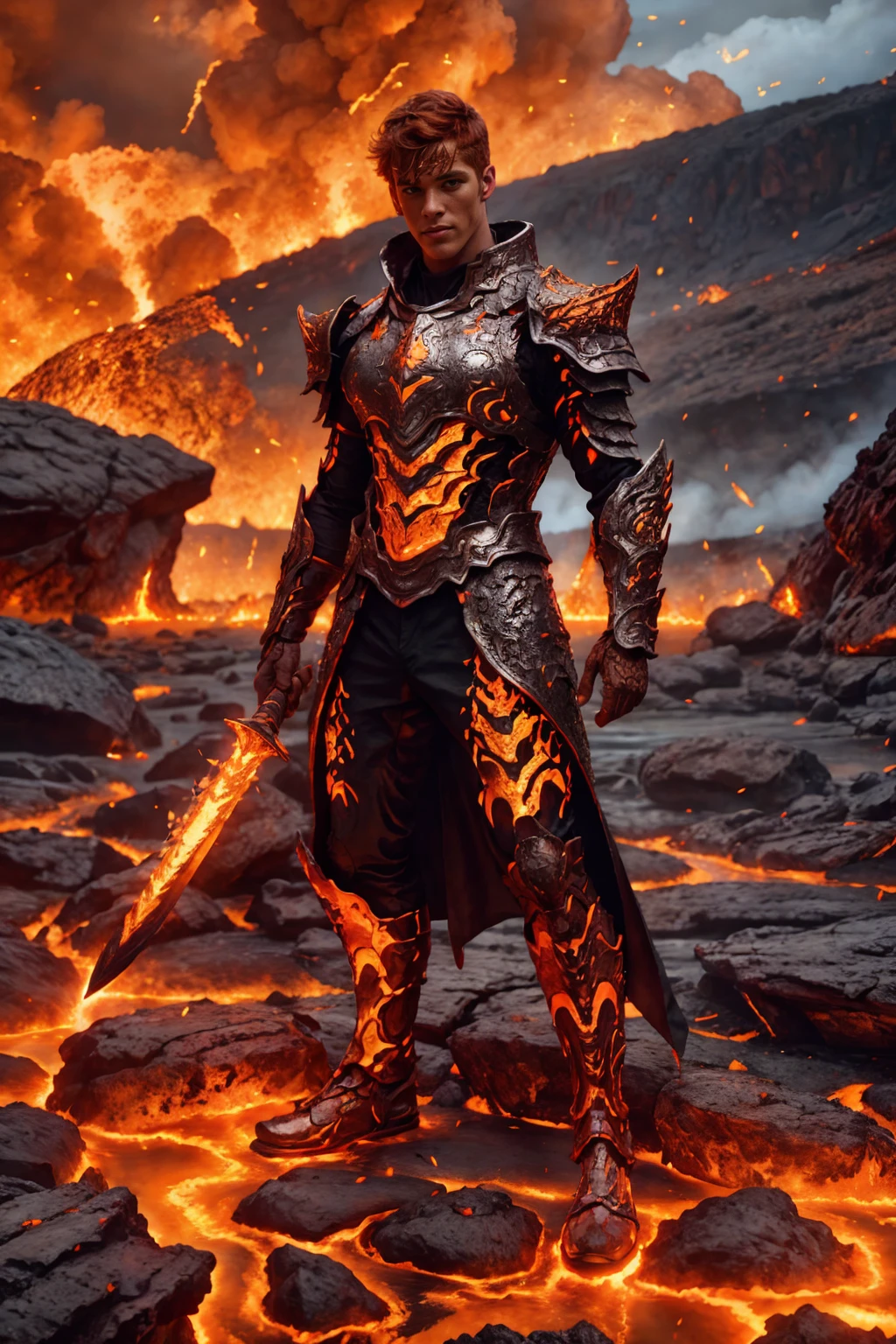 lake of magma in the background, rocks and embers, burning, fire, standing, auburn hair, ChrisWhite wearing paladin emb3r4rmor, intricate details, glowing orange, holding fiery sword, (((full body portrait))), wide angle,  <lora:ChrisWhite:0.8> <lora:Clothing - Ember Armor_v2:0.65>