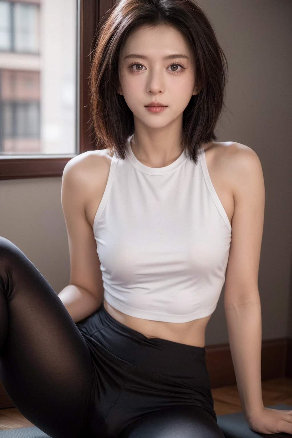 1girl, high quality,  looking at viewer, , upper body, center opening, yoga pants,(photorealistic, realistic),sitting, crotch seam, 
 <lora:hsyu_v1:0.45> <lora:add_detail:1>   <lora:ip-adapter:0.65>